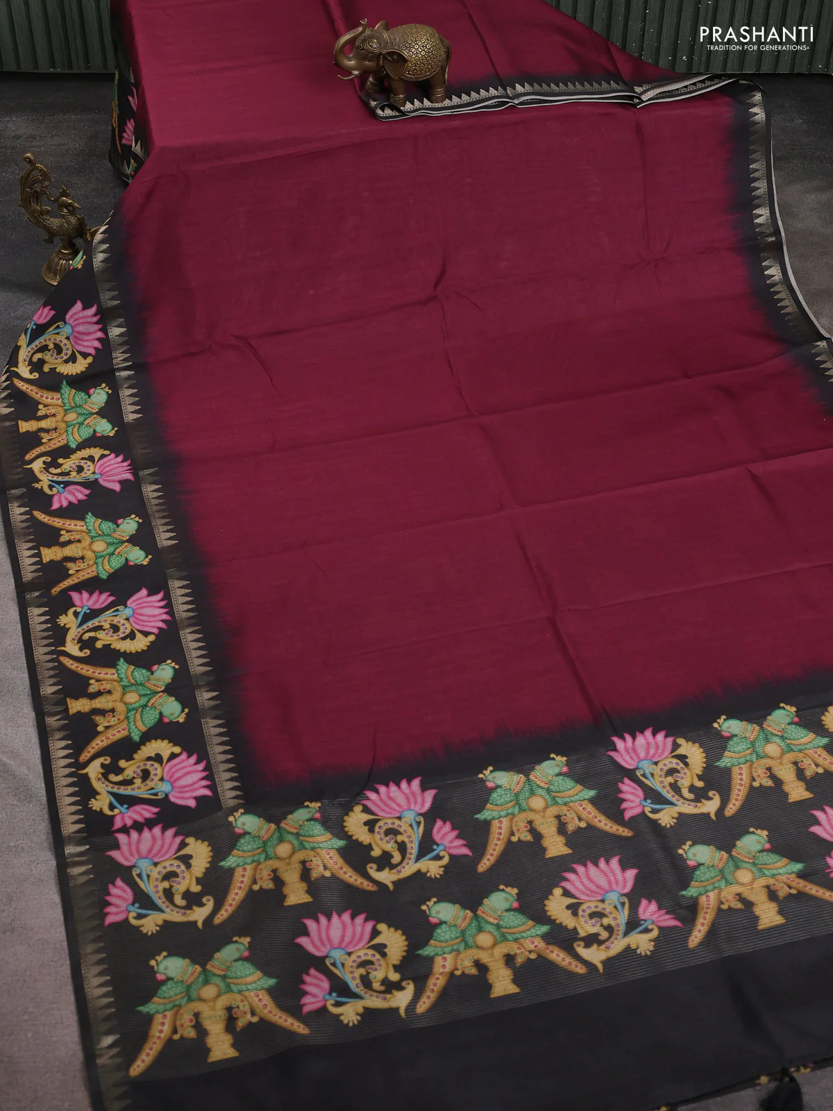 Art tussar saree wine shade and black with plain body and tanjore printed border - Image 2
