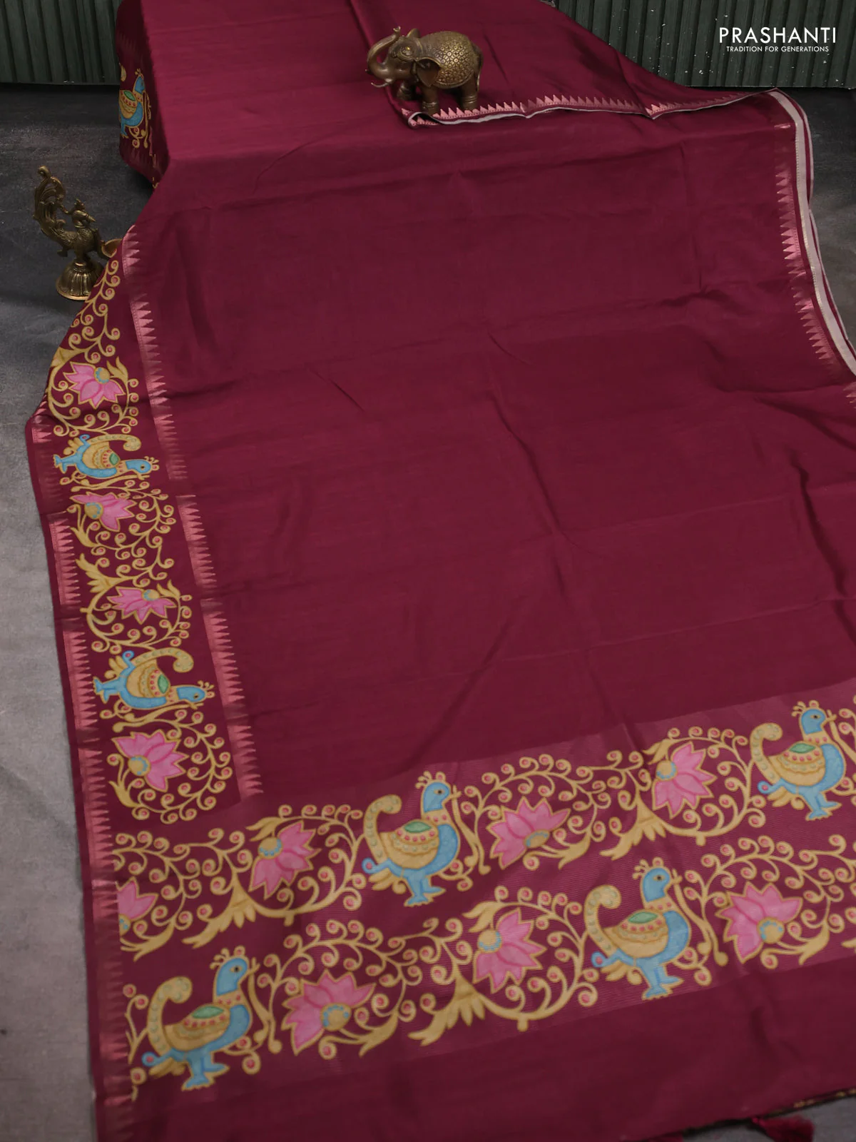 Art tussar saree wine shade with plain body and tanjore printed border - Image 2