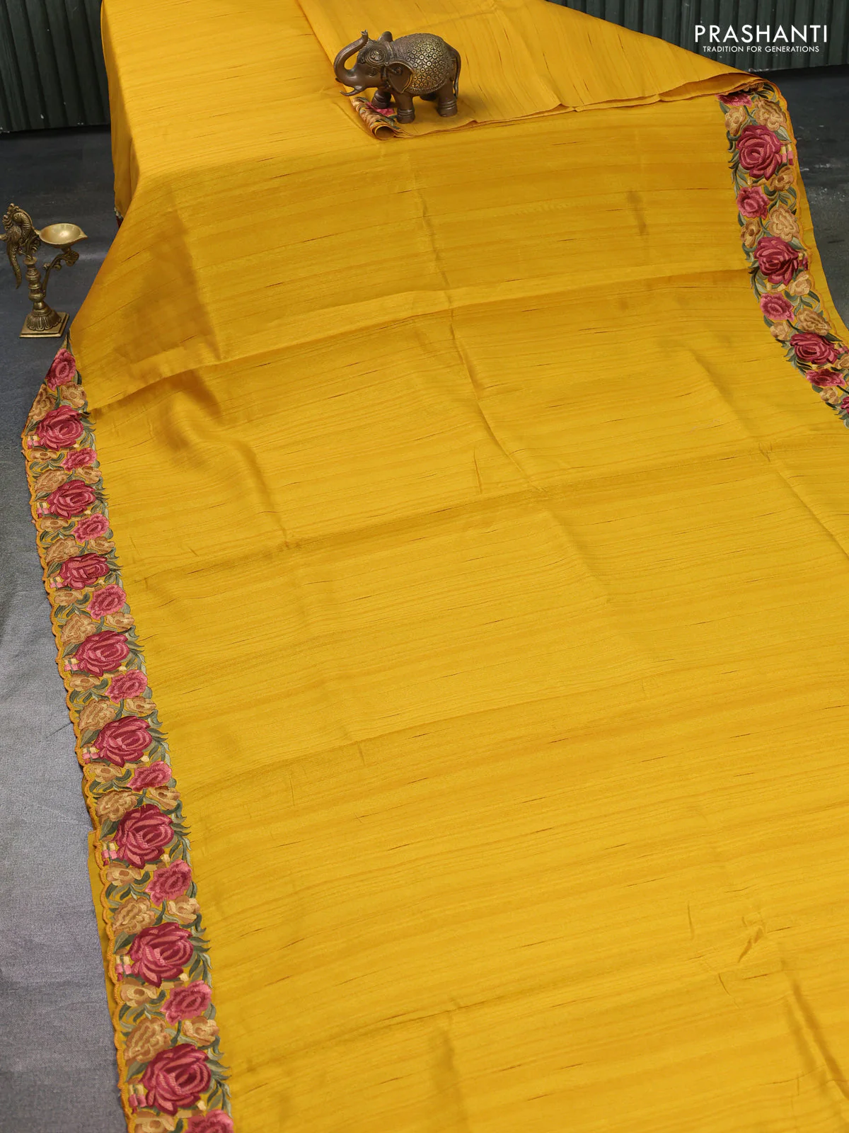 Art tussar saree yellow with plain body and floral embroidery border - Image 2
