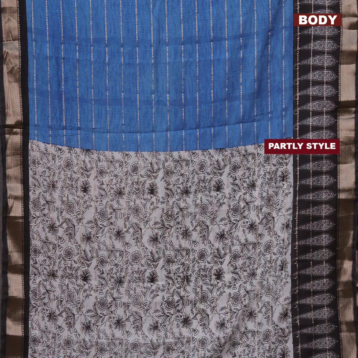 Assam partly silk saree blue and black with allover digital prints & zari weaves and zari woven border - Image 2