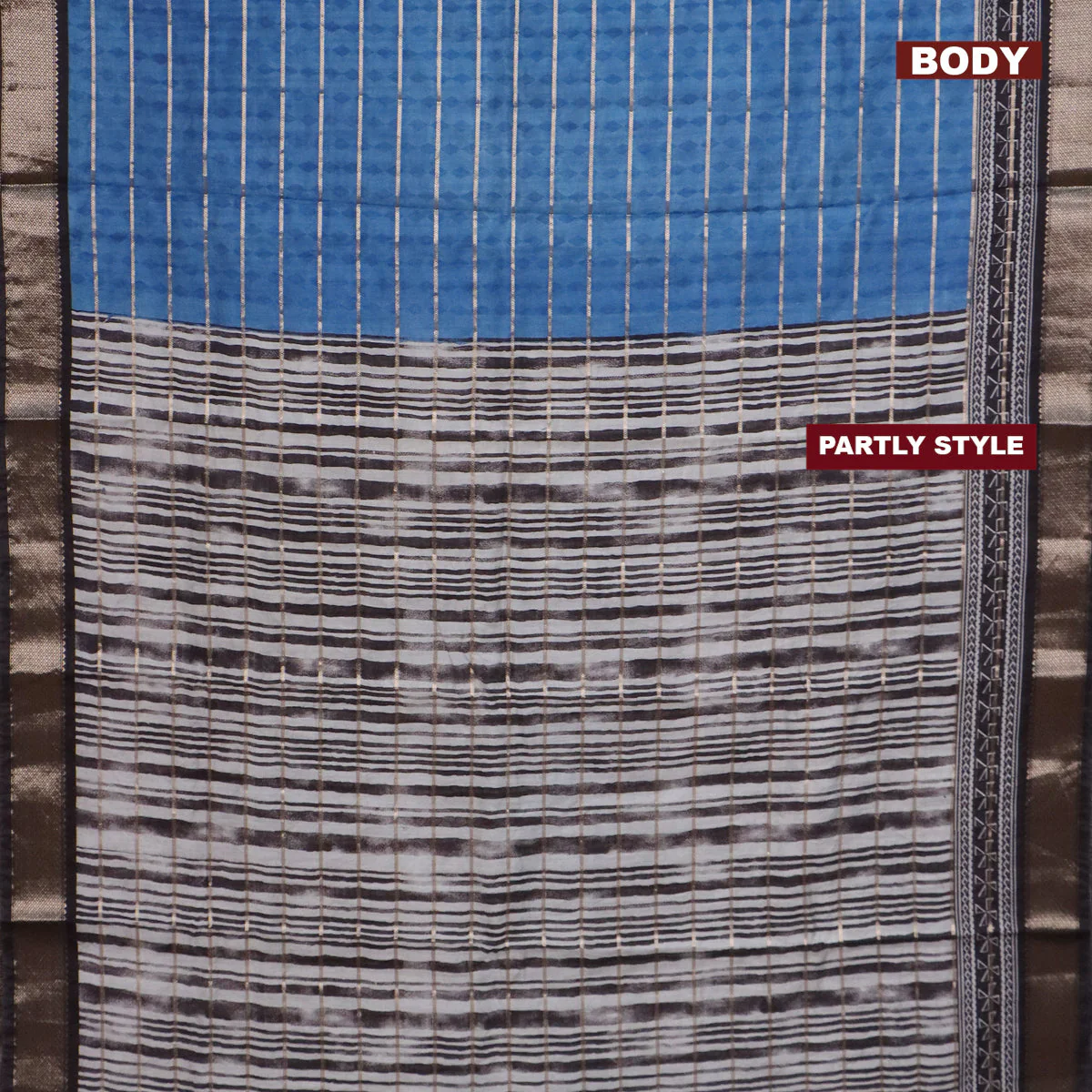 Assam partly silk saree blue and black with digital prints & zari weaves and zari woven border - Image 2