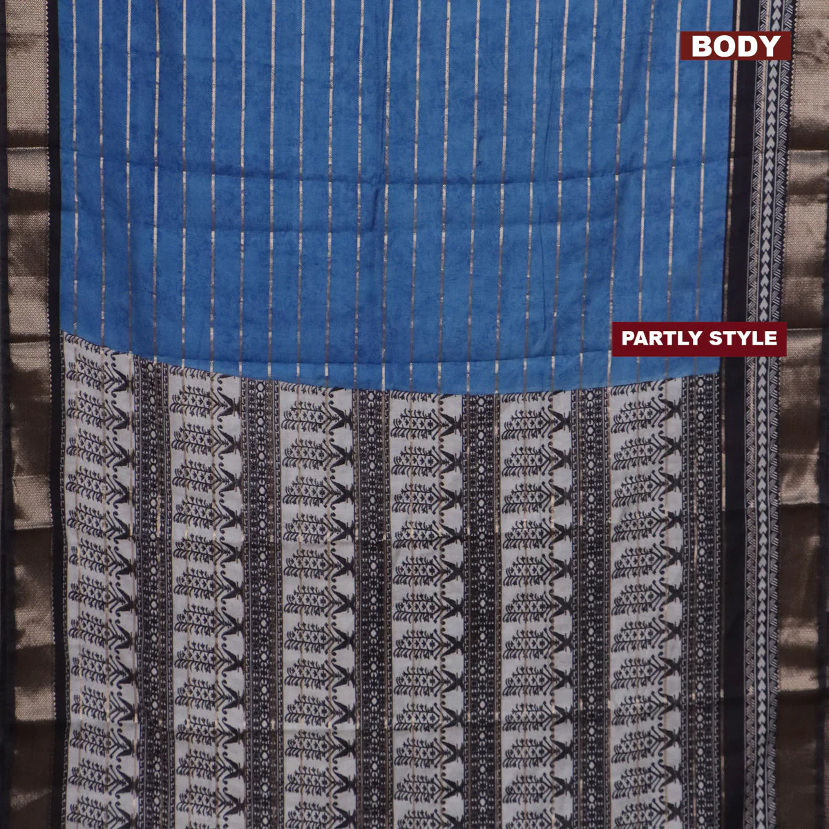 Assam partly silk saree blue and black with digital prints & zari weaves and zari woven border - Image 2