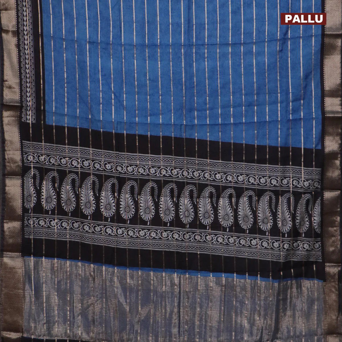 Assam partly silk saree blue and black with digital prints & zari weaves and zari woven border - Image 3