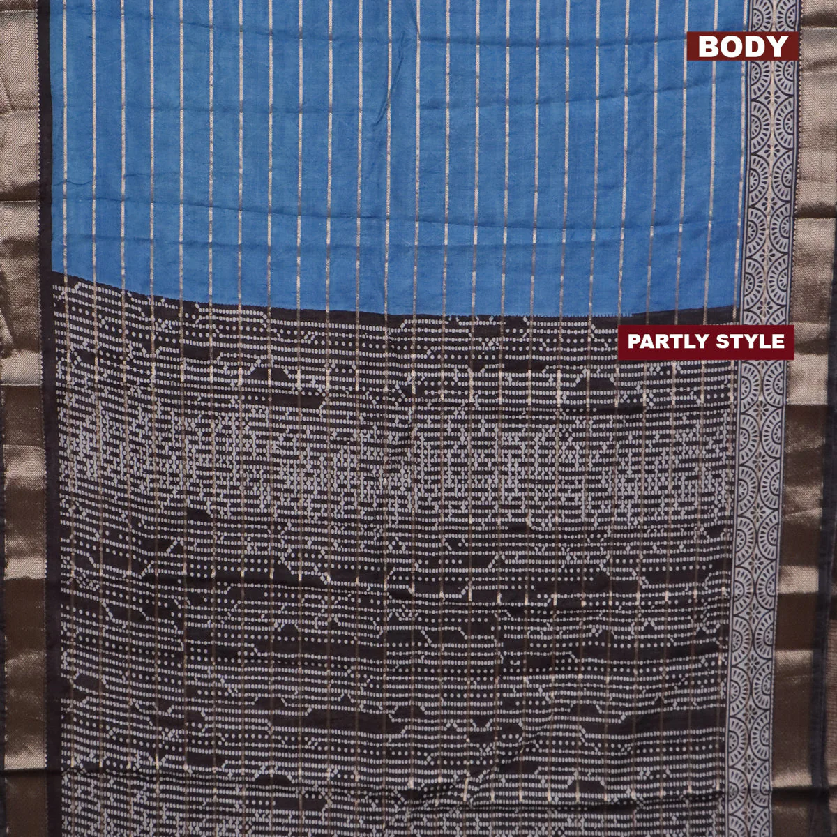 Assam partly silk saree blue and black with digital prints & zari weaves and zari woven border - Image 2