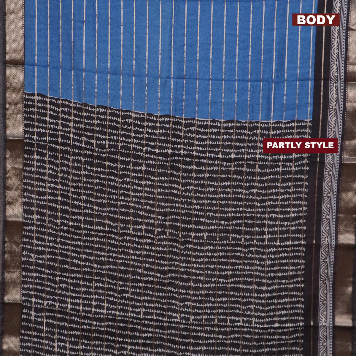 Assam partly silk saree blue and black with digital prints & zari weaves and zari woven border - Image 2