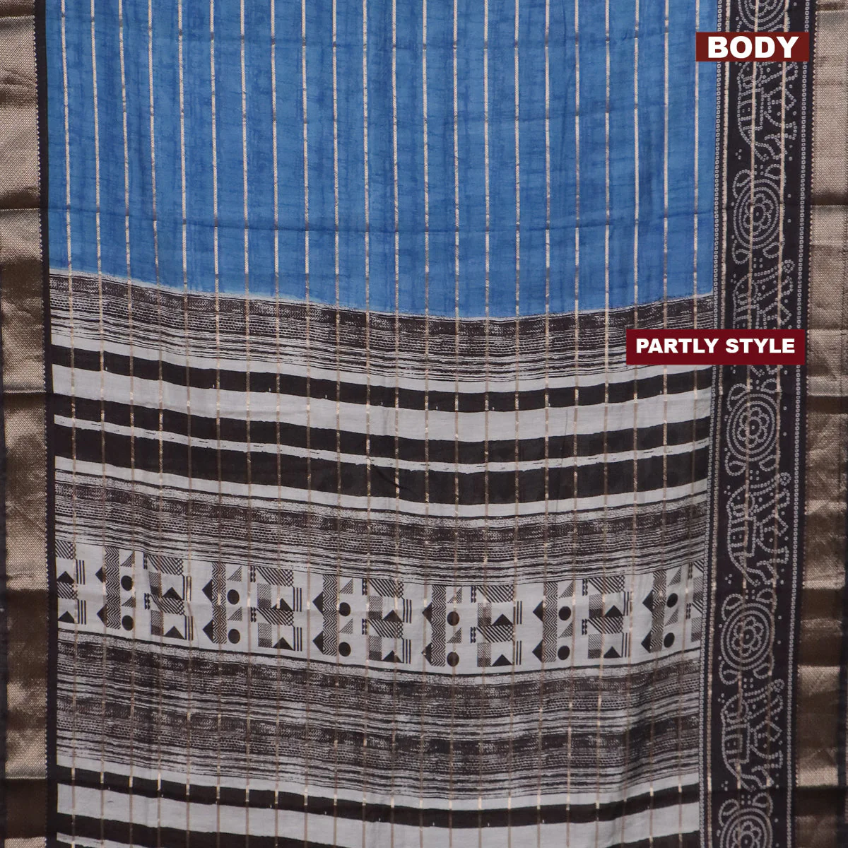 Assam partly silk saree blue and black with digital prints & zari weaves and zari woven border - Image 2