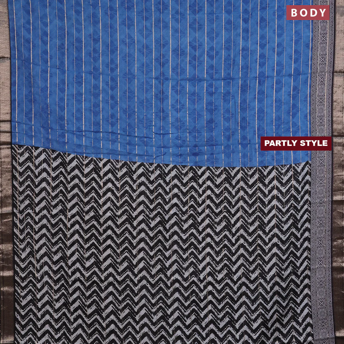 Assam partly silk saree blue and black with digital prints & zari weaves and zari woven border - Image 2