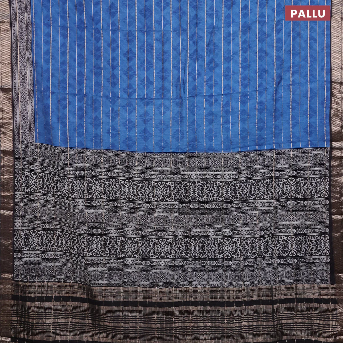 Assam partly silk saree blue and black with digital prints & zari weaves and zari woven border - Image 3