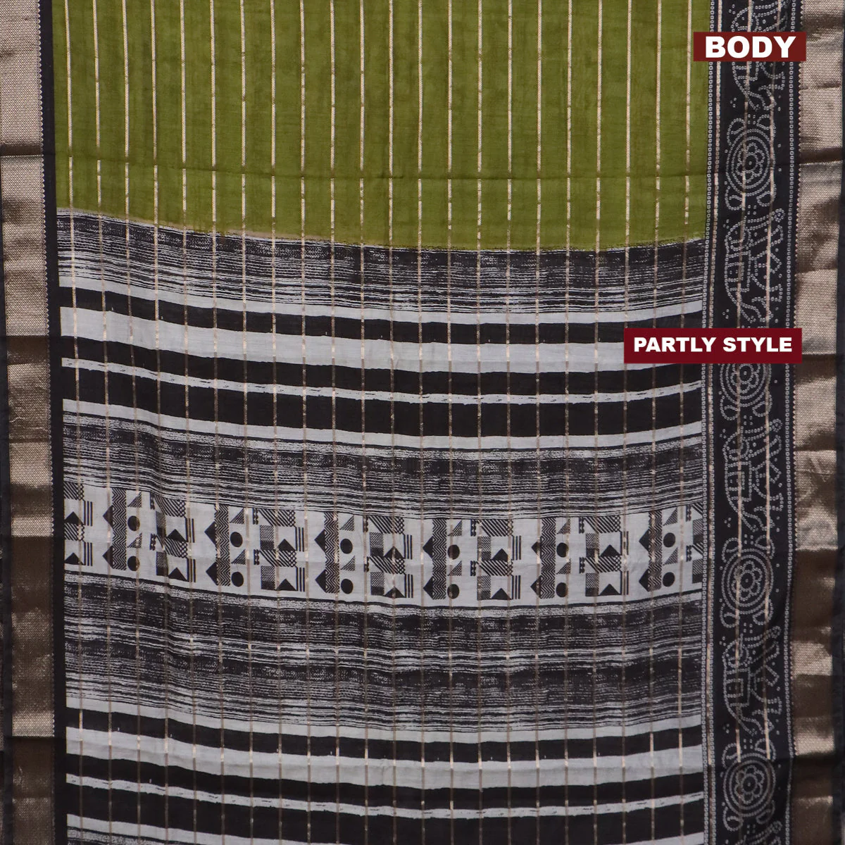 Assam partly silk saree mehendi green and black with digital prints & zari weaves and zari woven border - Image 2