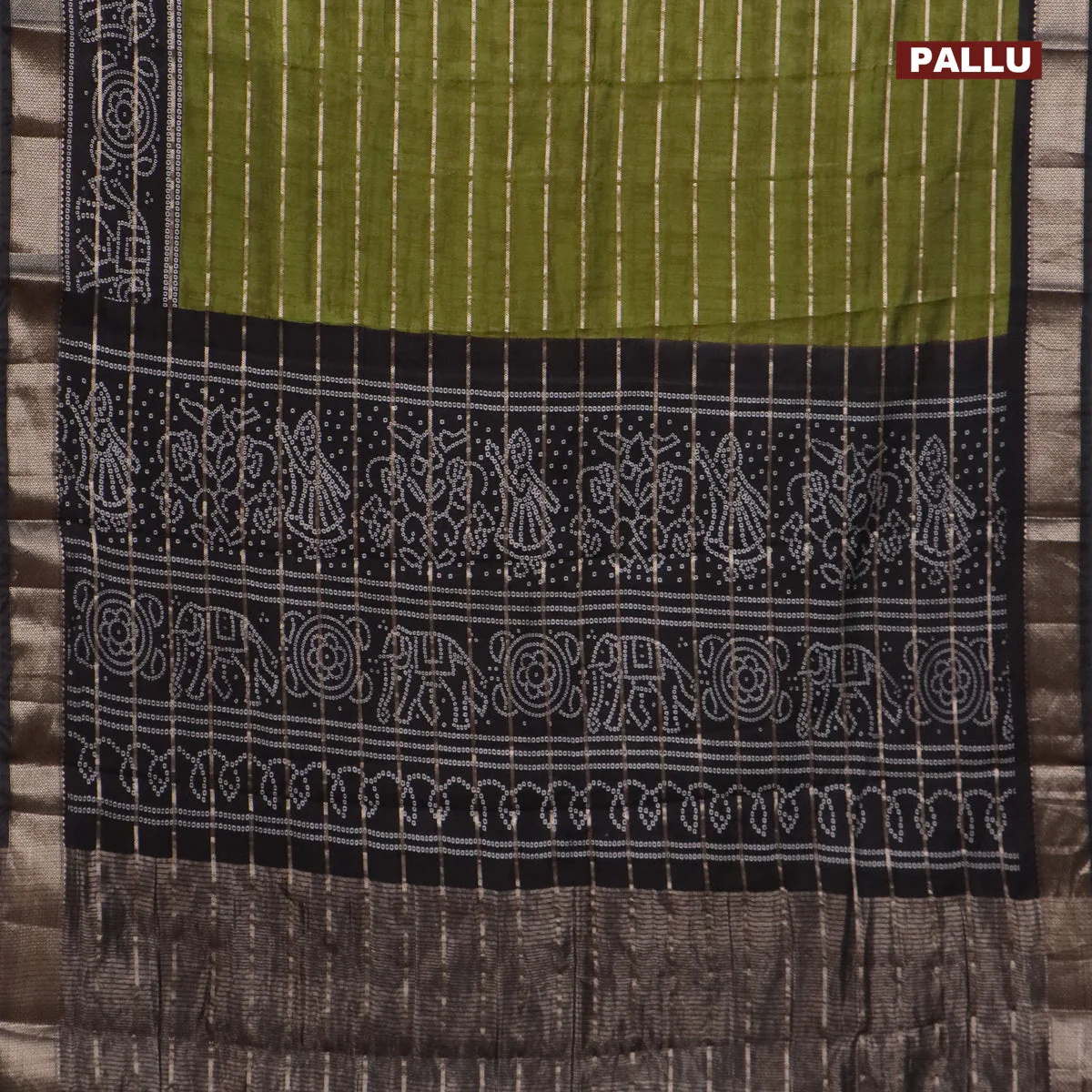 Assam partly silk saree mehendi green and black with digital prints & zari weaves and zari woven border - Image 3