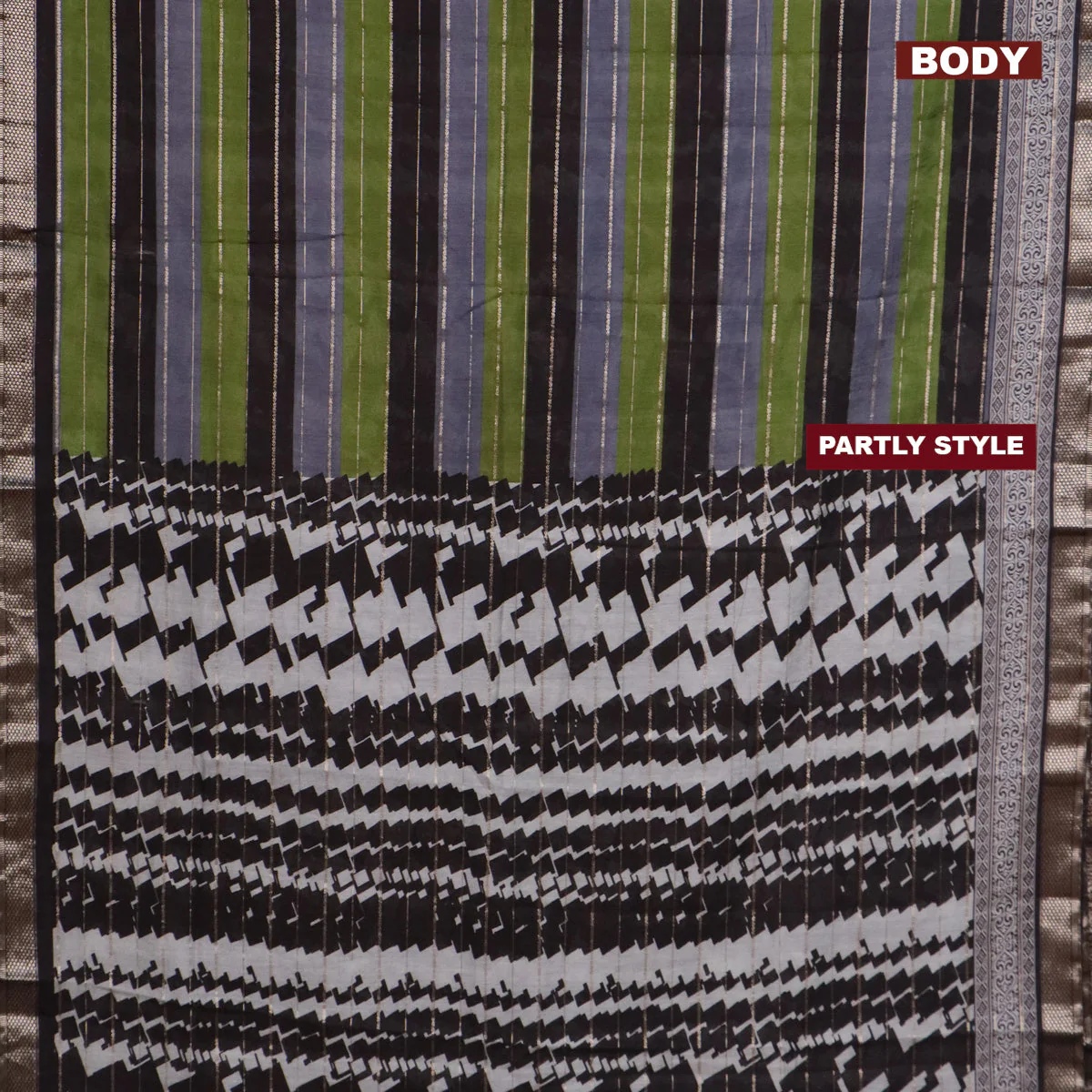 Assam partly silk saree multi colour and green black with digital prints & zari weaves and zari woven border - Image 2