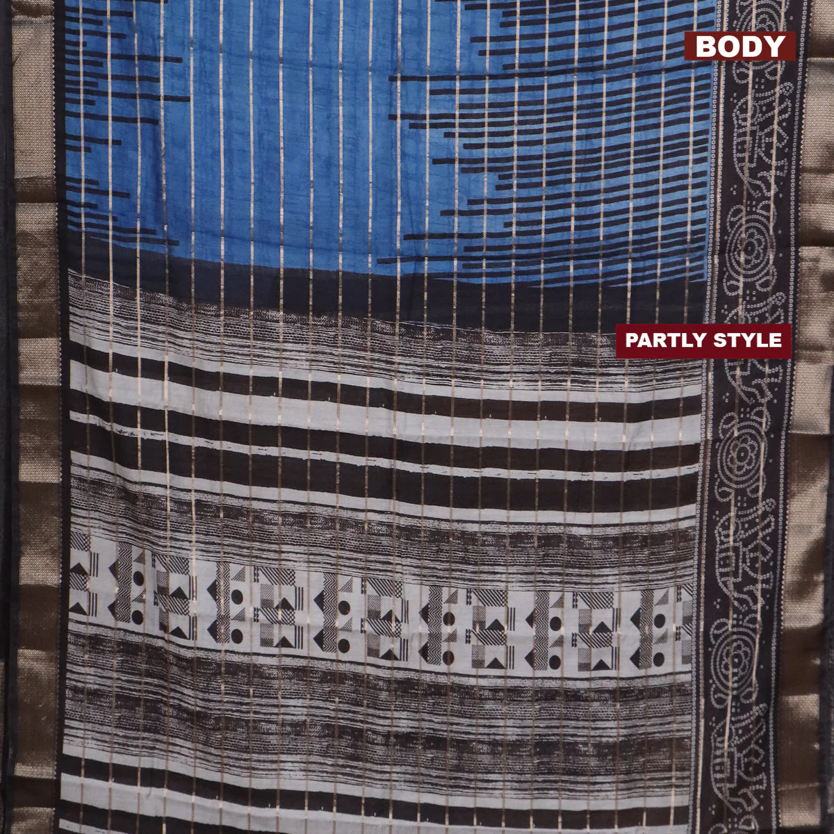 Assam partly silk saree peacock blue and black with digital prints & zari weaves and zari woven border - Image 2