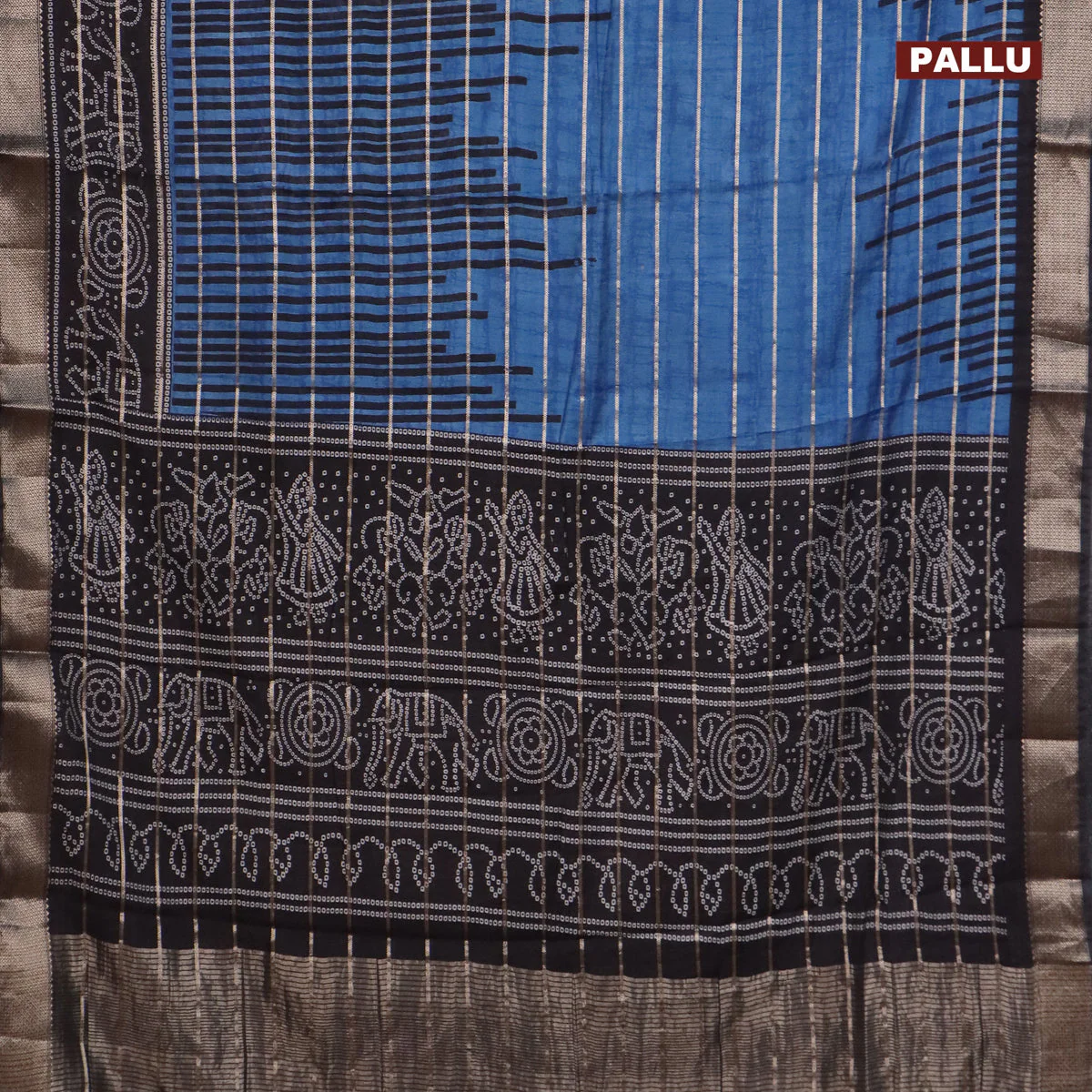 Assam partly silk saree peacock blue and black with digital prints & zari weaves and zari woven border - Image 3