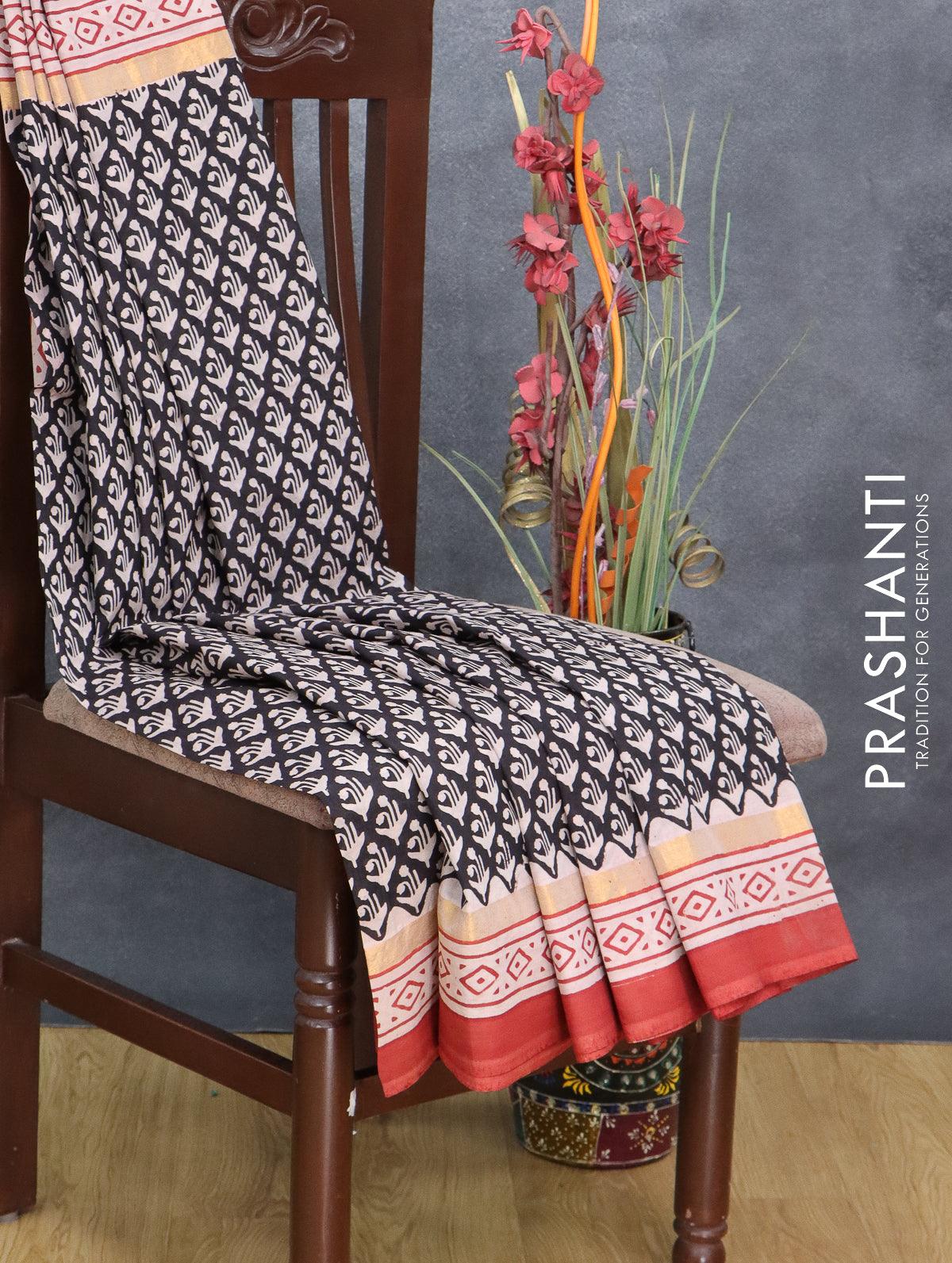 Assam silk saree black and rust shade with allover prints and zari woven simple border - Image 2