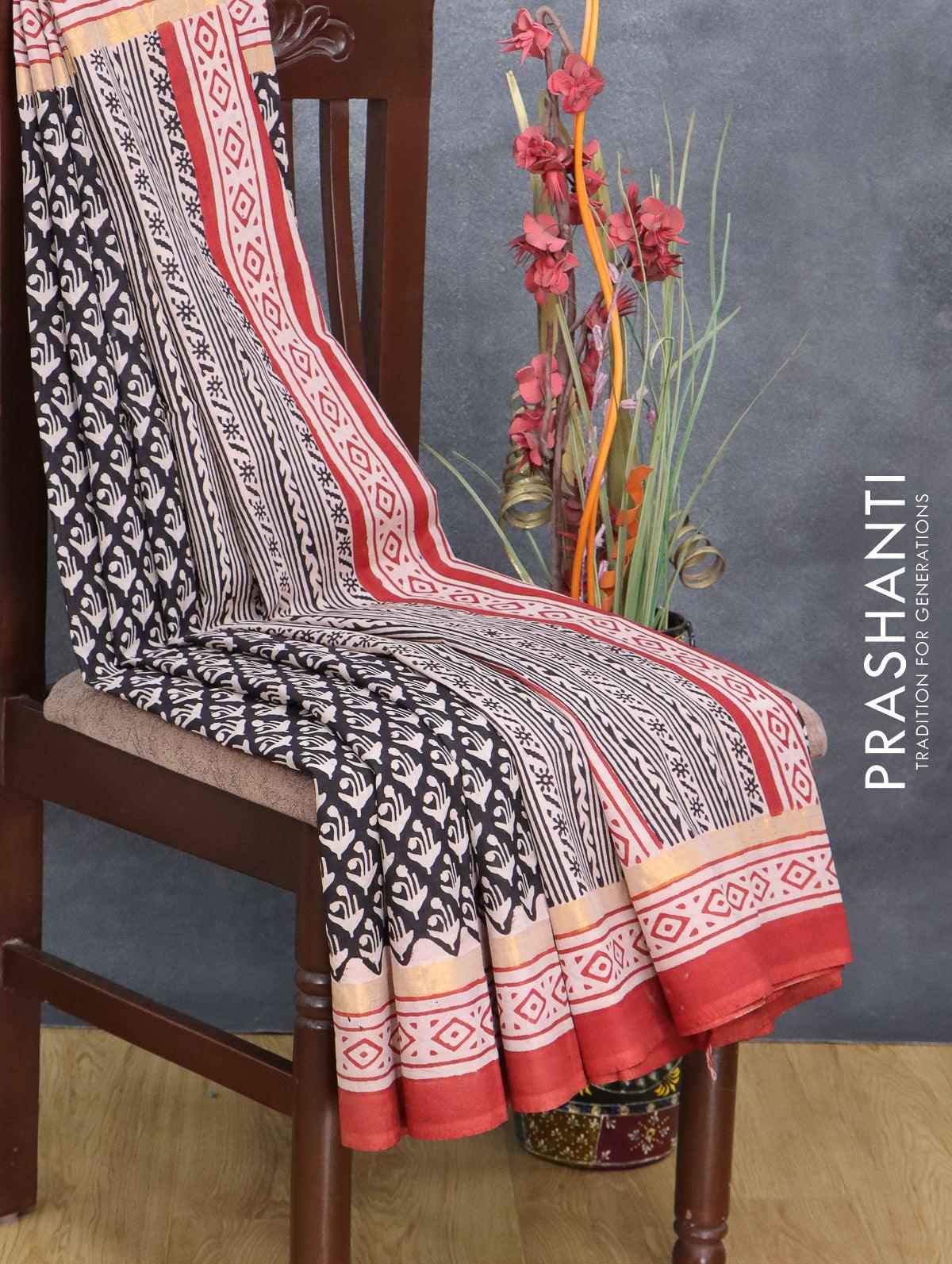 Assam silk saree black and rust shade with allover prints and zari woven simple border - Image 3