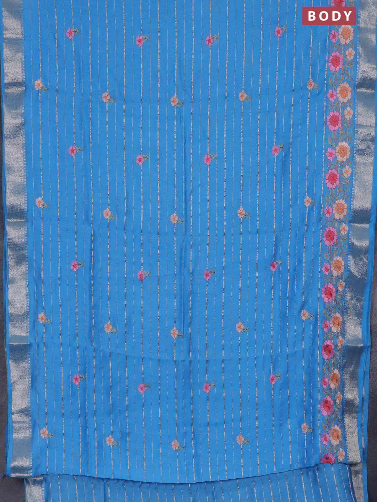 Assam silk saree blue shade with allover zari weaves & floral embroidery work buttas and zari woven border - Image 2