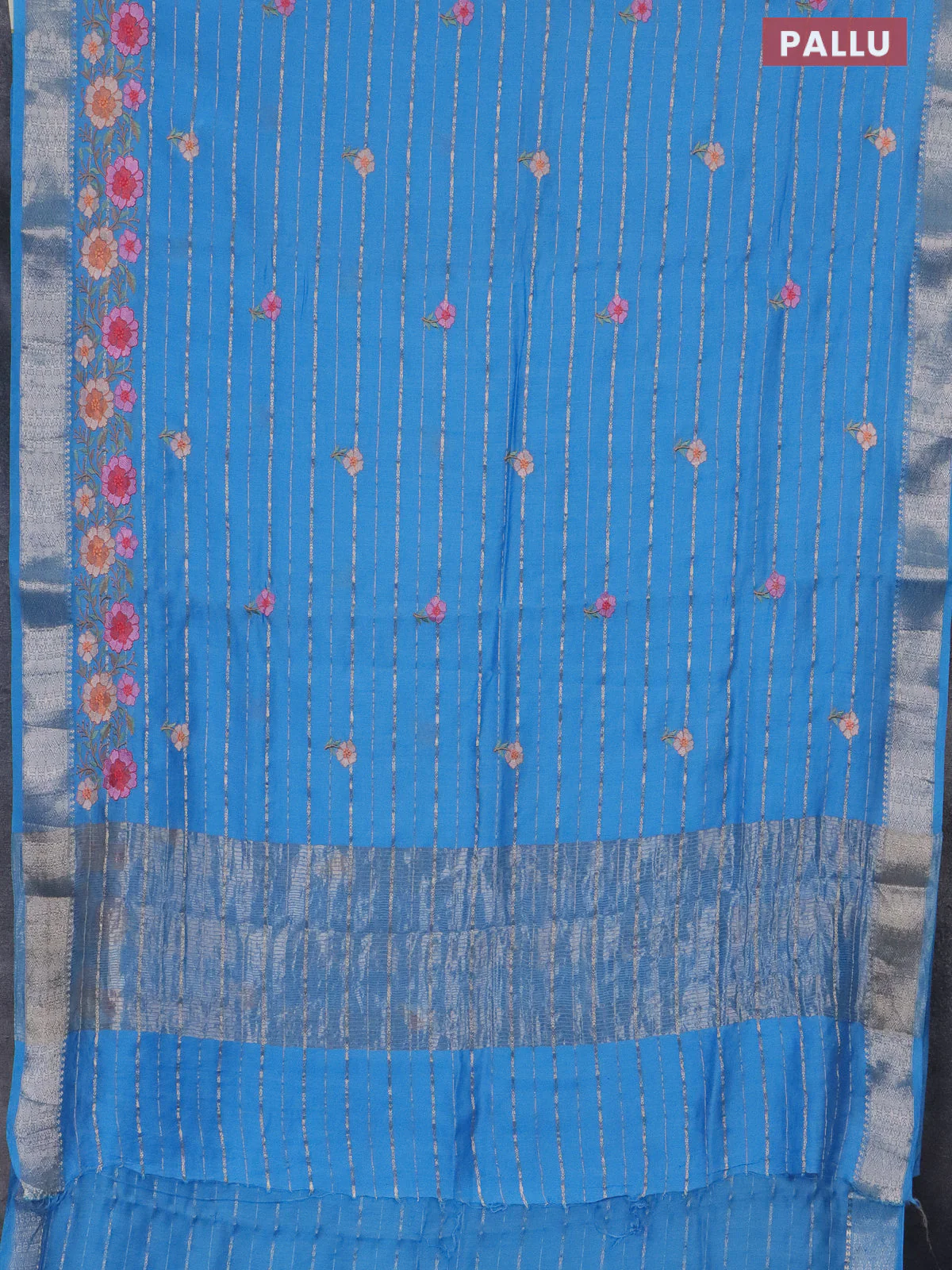 Assam silk saree blue shade with allover zari weaves & floral embroidery work buttas and zari woven border - Image 3