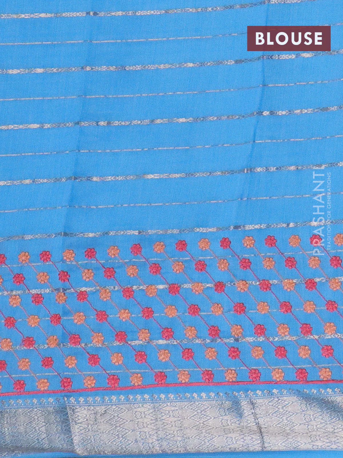 Assam silk saree blue shade with allover zari weaves & floral embroidery work buttas and zari woven border - Image 4