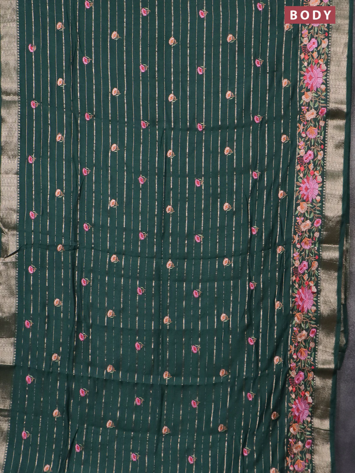 Assam silk saree bottle green with allover zari weaves & floral embroidery work buttas and zari woven border - Image 2