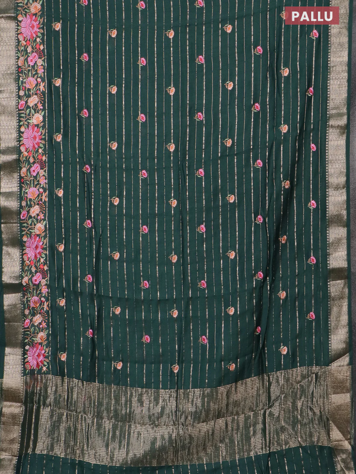 Assam silk saree bottle green with allover zari weaves & floral embroidery work buttas and zari woven border - Image 3