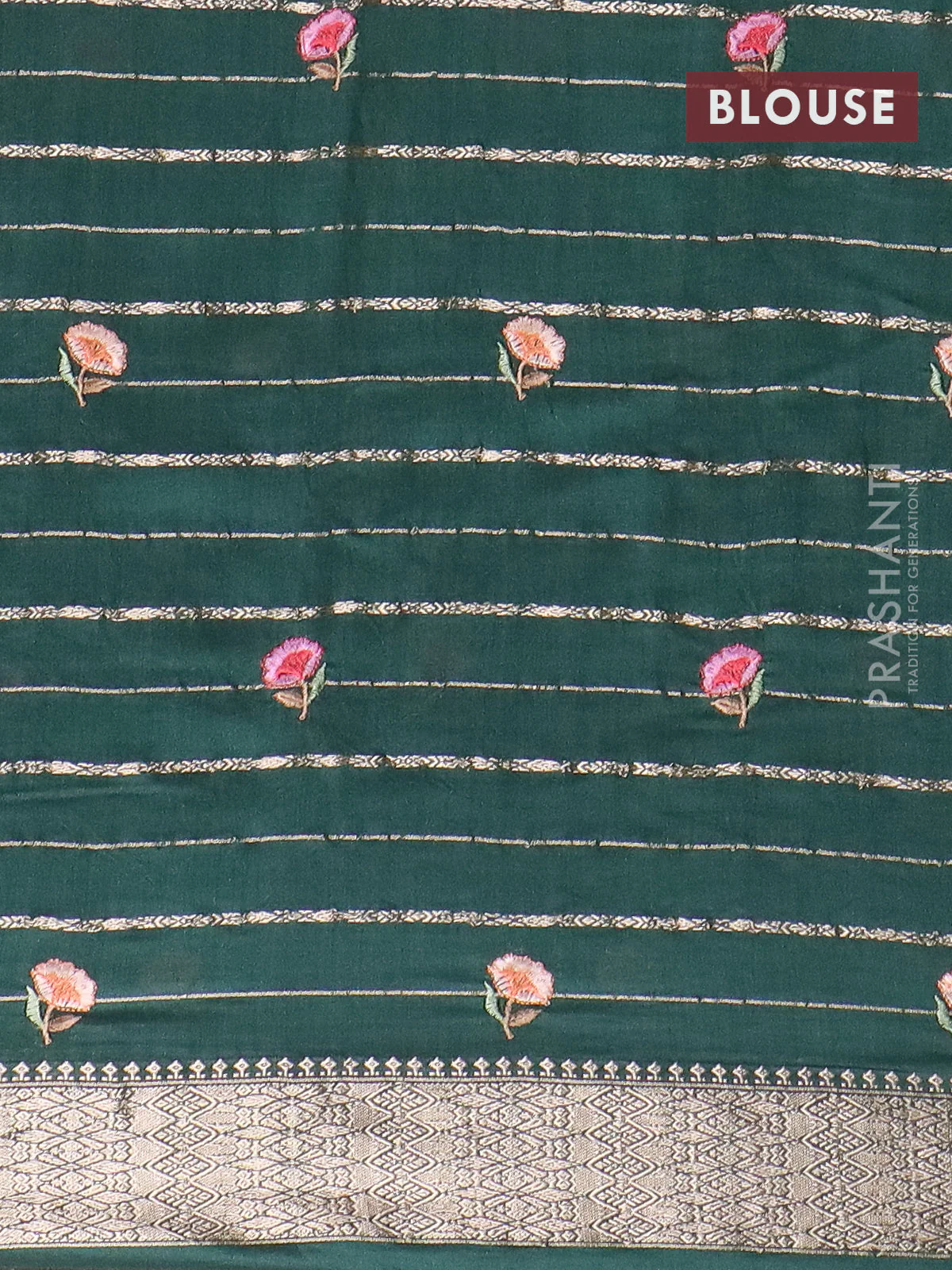 Assam silk saree bottle green with allover zari weaves & floral embroidery work buttas and zari woven border - Image 4