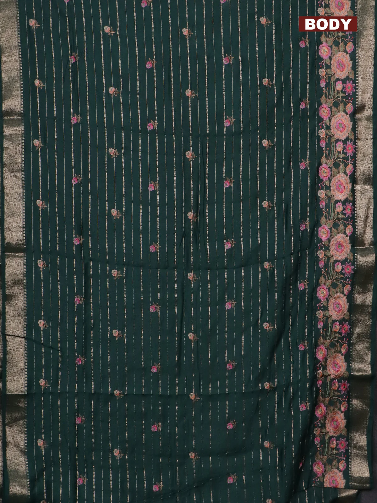 Assam silk saree bottle green with allover zari weaves & floral embroidery work buttas and zari woven border - Image 2