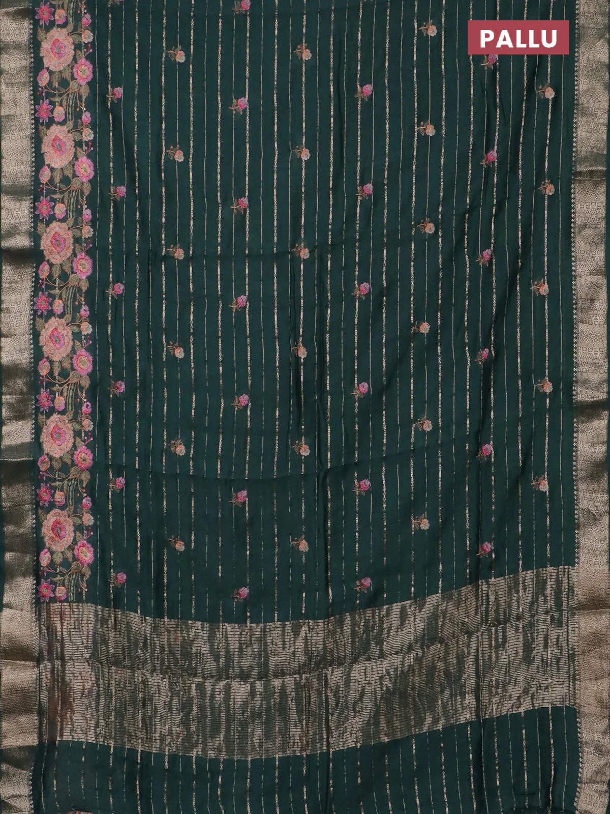 Assam silk saree bottle green with allover zari weaves & floral embroidery work buttas and zari woven border - Image 3