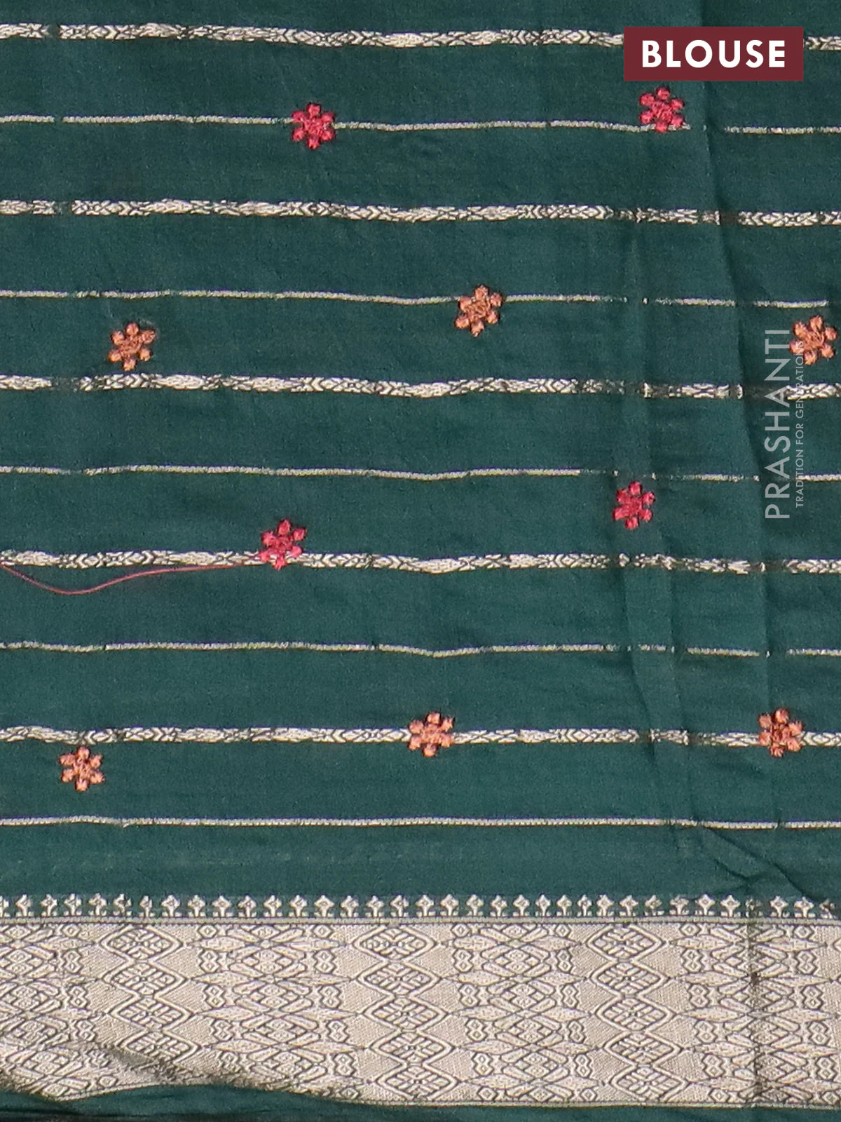 Assam silk saree bottle green with allover zari weaves & floral embroidery work buttas and zari woven border - Image 4