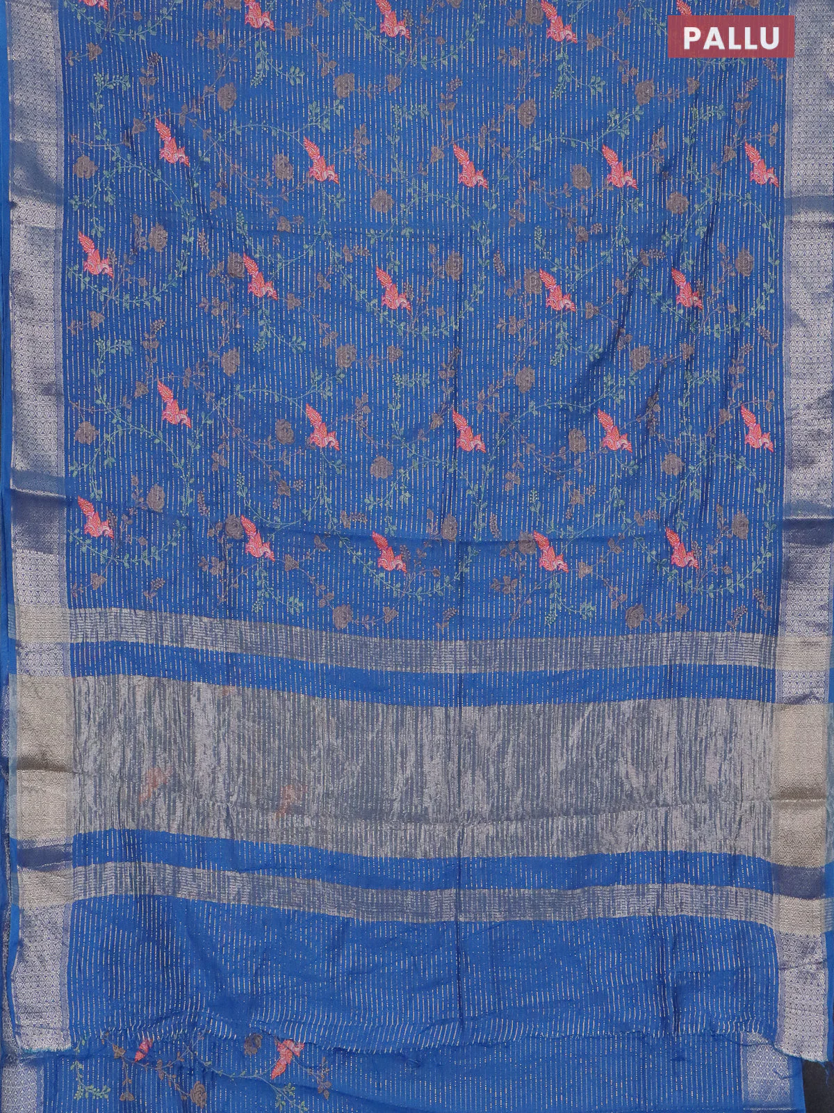 Assam silk saree cs blue with allover zari weaves & embroidery work and zari woven border - Image 3