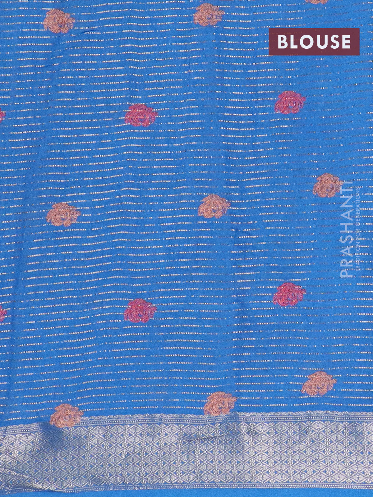 Assam silk saree cs blue with allover zari weaves & embroidery work and zari woven border - Image 4