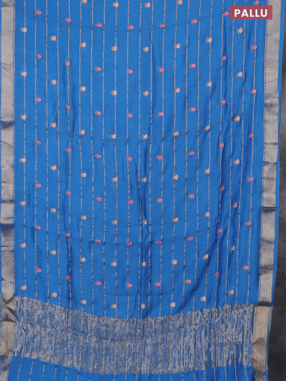Assam silk saree cs blue with allover zari weaves & embroidery work buttas and zari woven border - Image 3