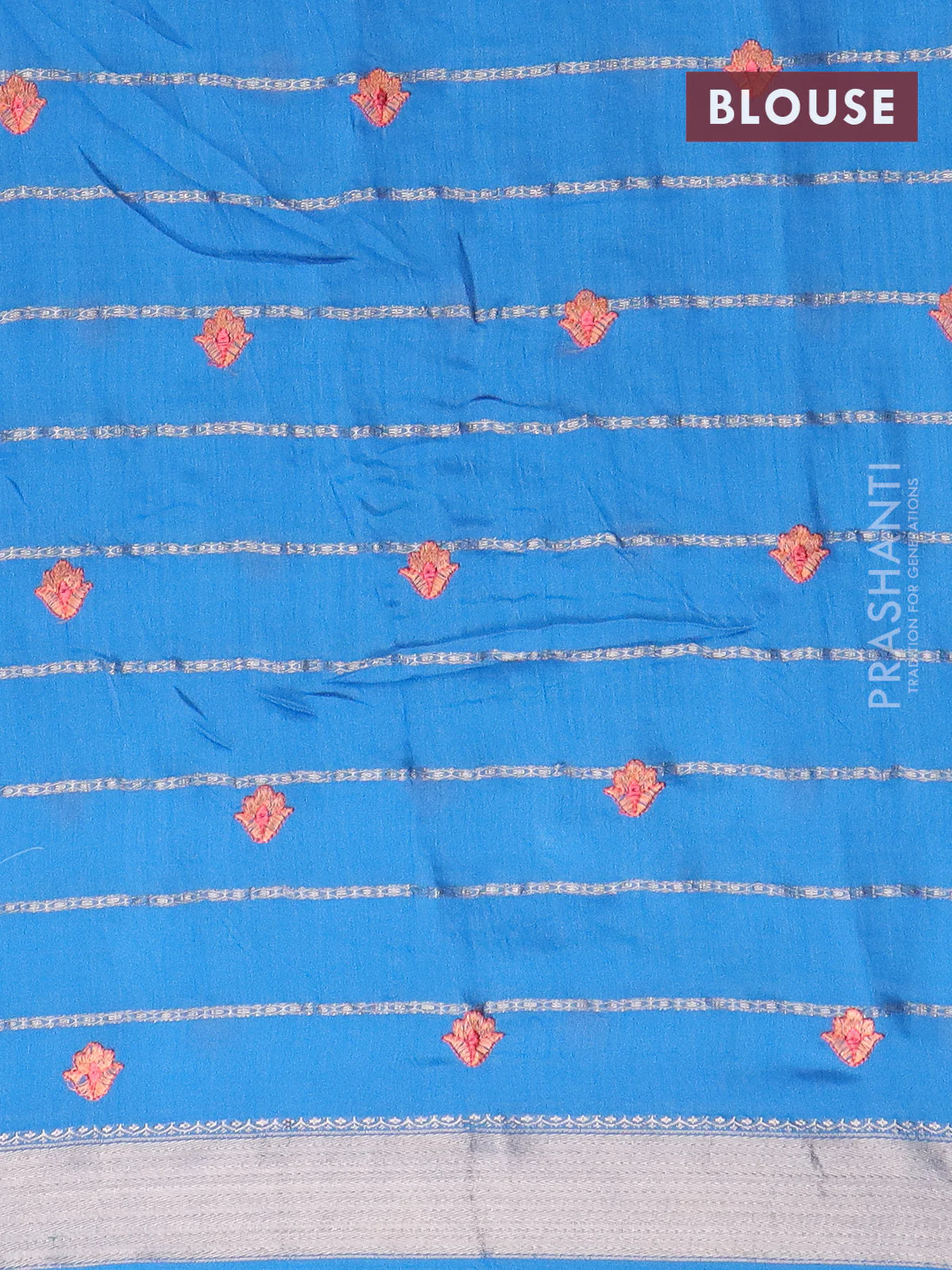 Assam silk saree cs blue with allover zari weaves & embroidery work buttas and zari woven border - Image 4