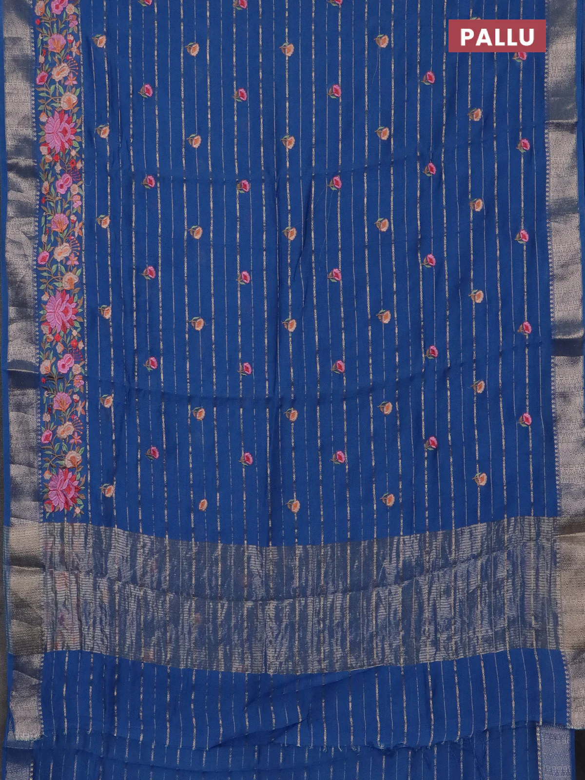 Assam silk saree cs blue with allover zari weaves & floral embroidery work buttas and zari woven border - Image 3