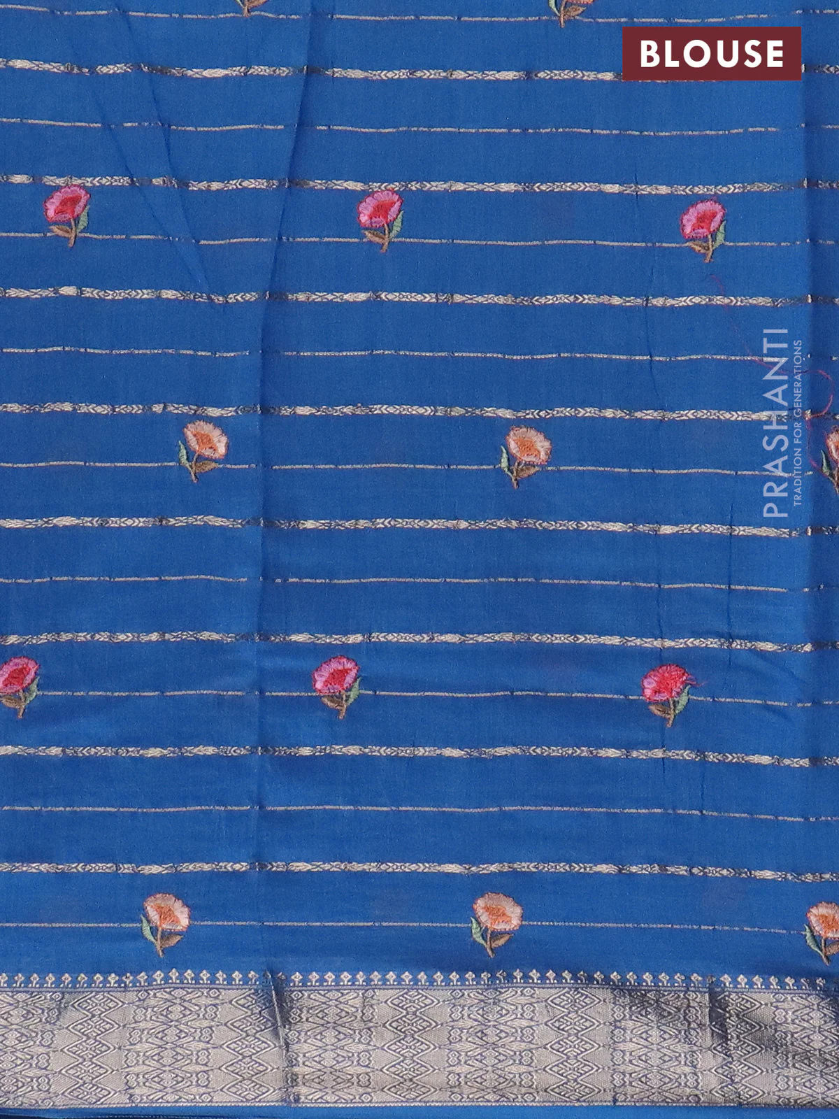 Assam silk saree cs blue with allover zari weaves & floral embroidery work buttas and zari woven border - Image 4