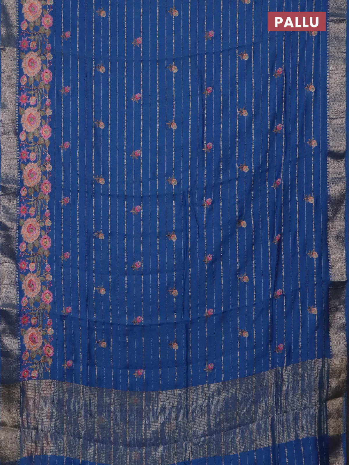 Assam silk saree cs blue with allover zari weaves & floral embroidery work buttas and zari woven border - Image 3