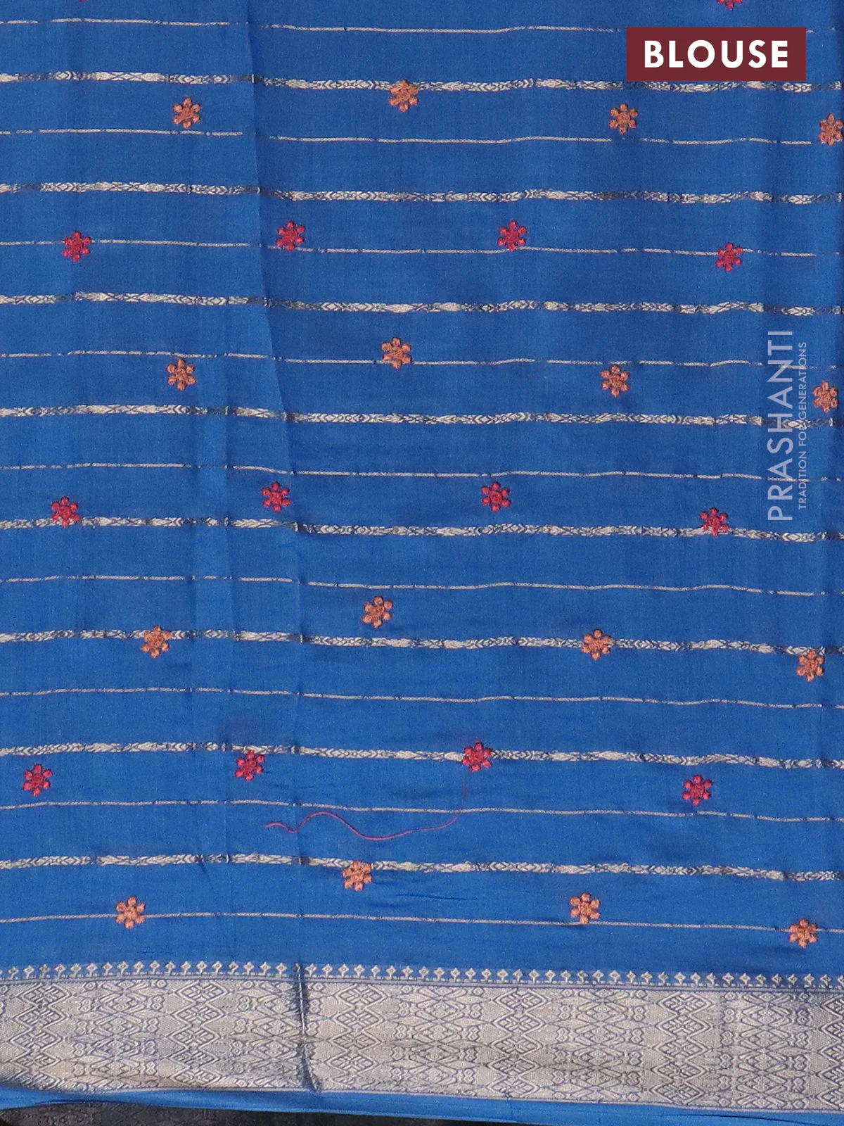 Assam silk saree cs blue with allover zari weaves & floral embroidery work buttas and zari woven border - Image 4