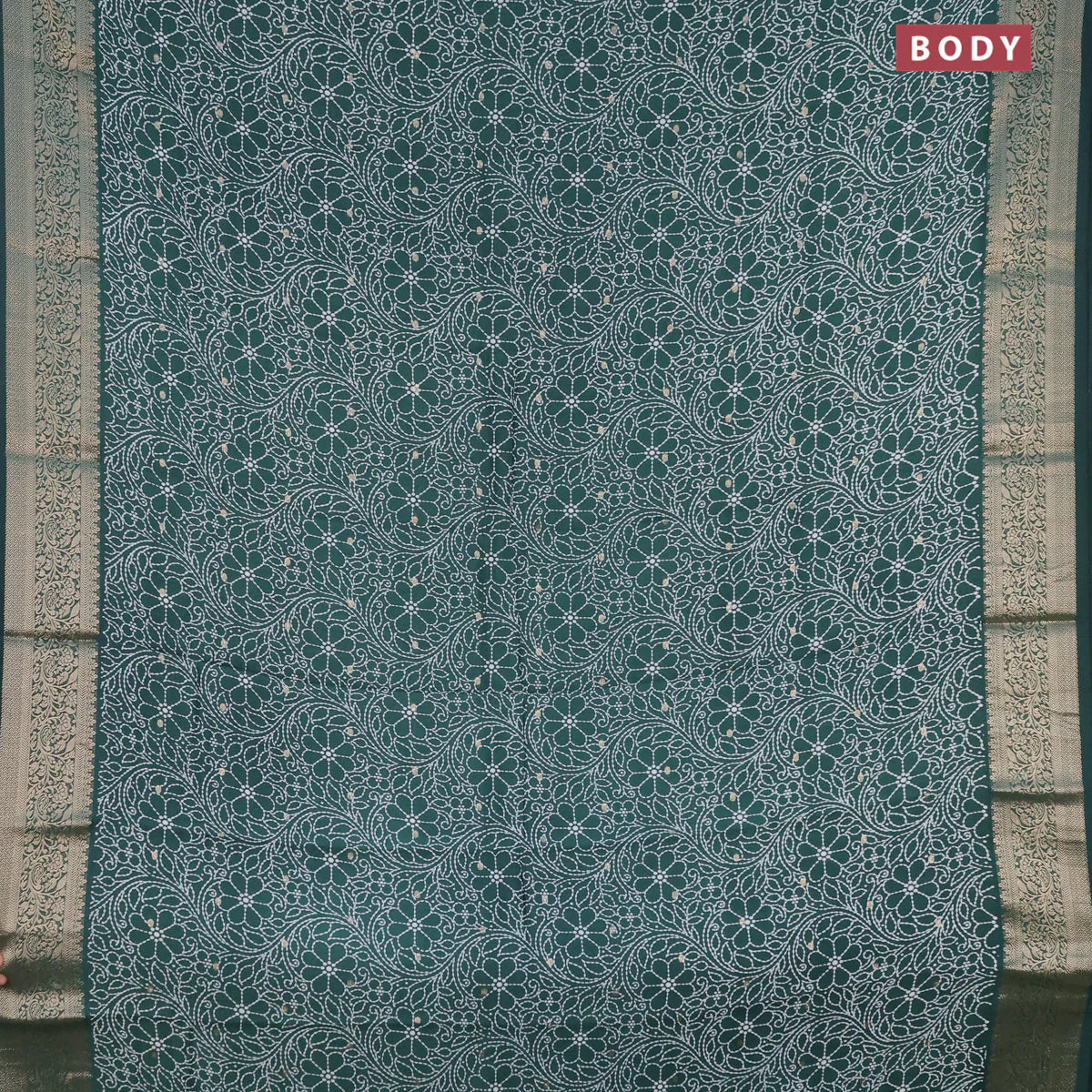 Assam silk saree dark green with allover floral prints & zari buttas and zari woven border - Image 2