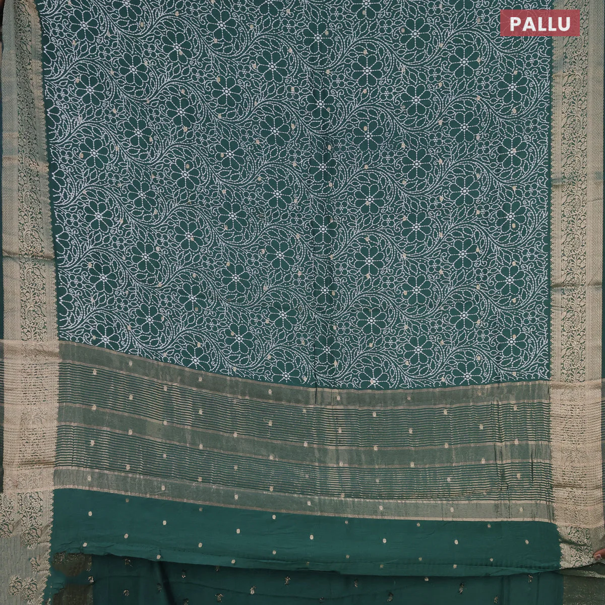 Assam silk saree dark green with allover floral prints & zari buttas and zari woven border - Image 3