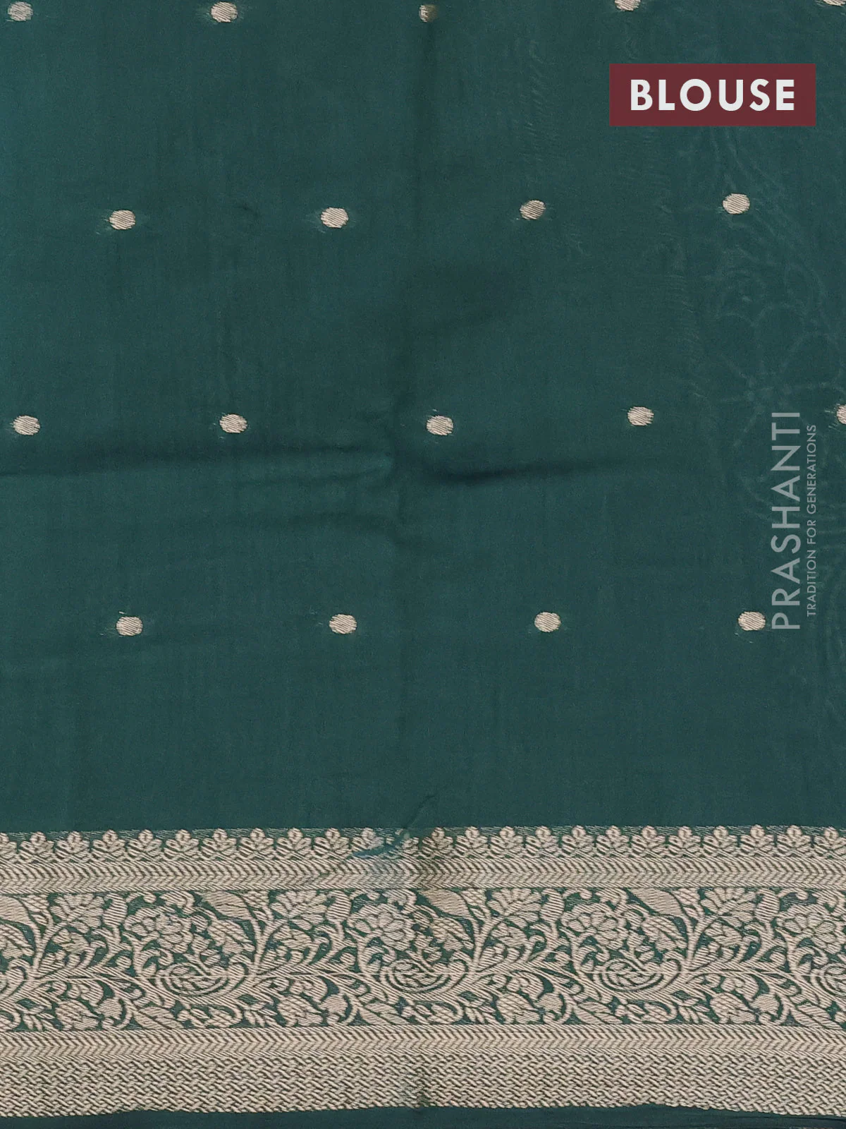 Assam silk saree dark green with allover floral prints & zari buttas and zari woven border - Image 4