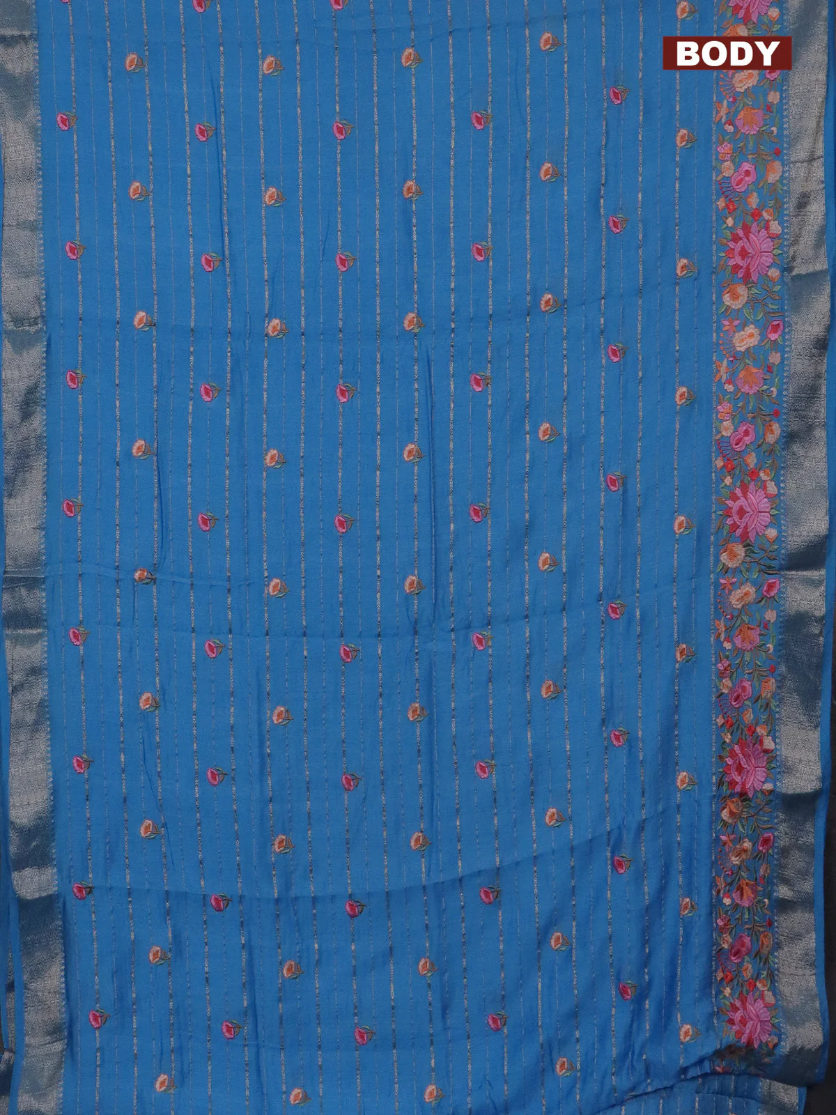Assam silk saree light blue with allover zari weaves & floral embroidery work buttas and zari woven border - Image 2