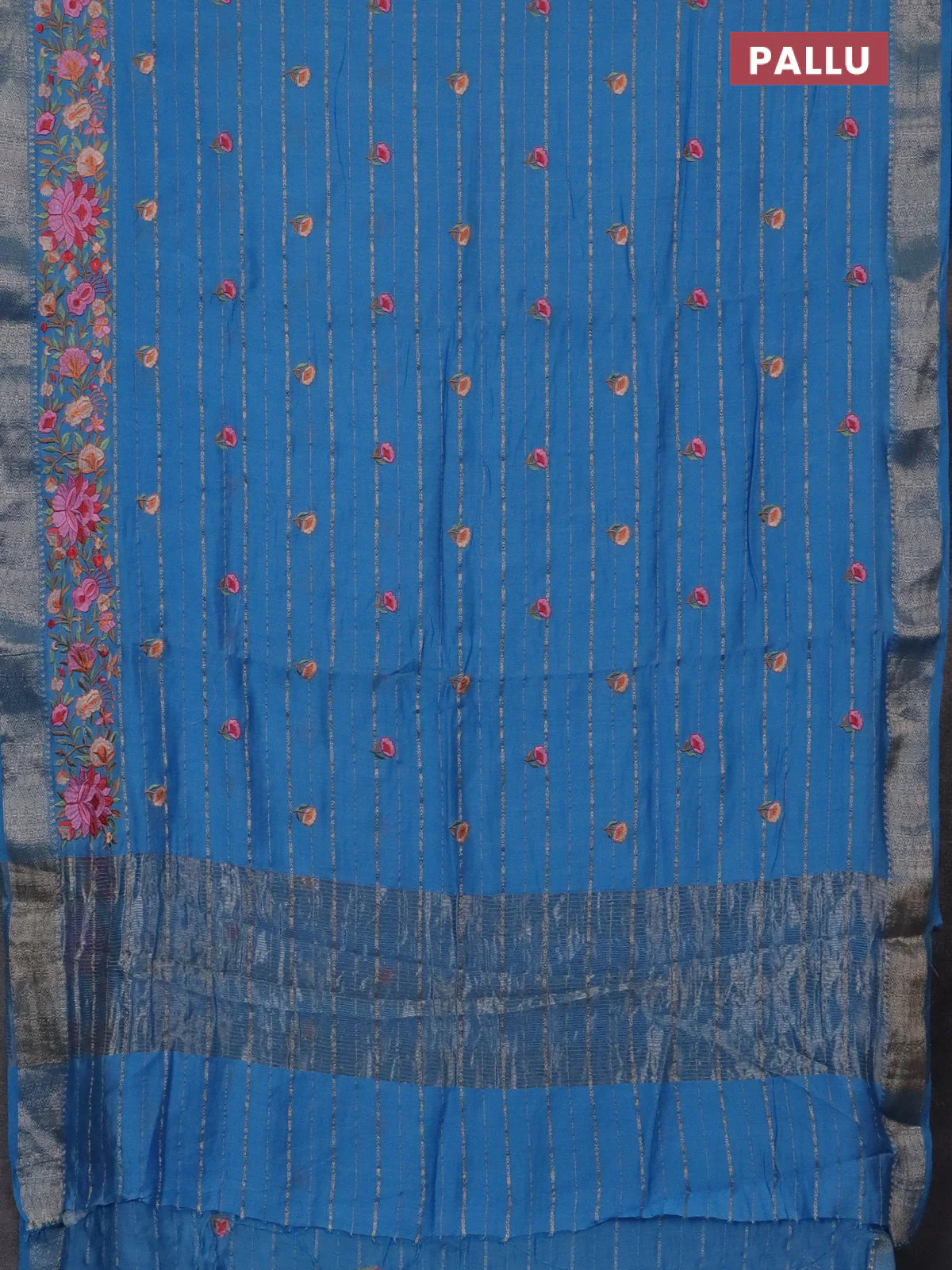 Assam silk saree light blue with allover zari weaves & floral embroidery work buttas and zari woven border - Image 3