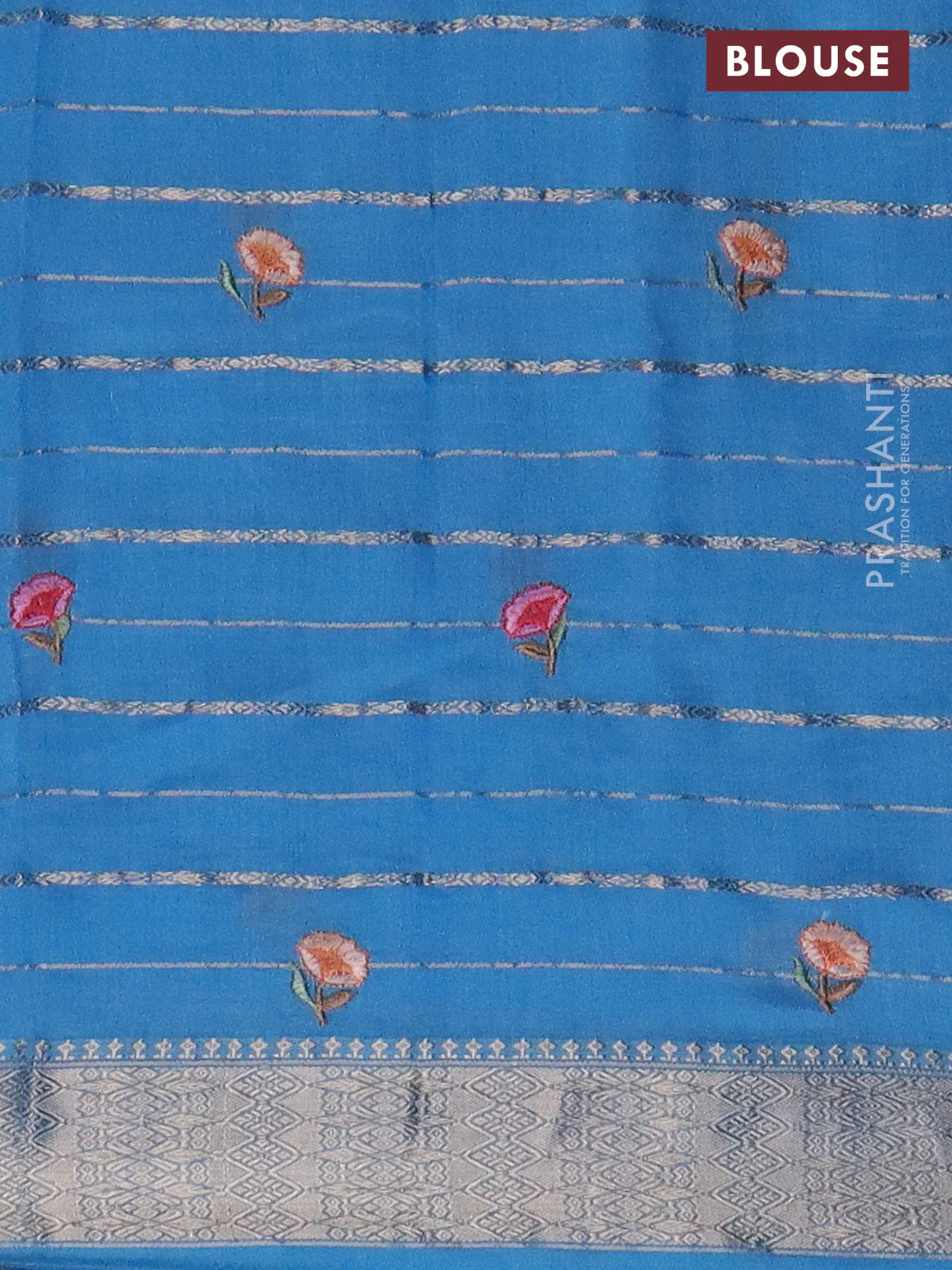 Assam silk saree light blue with allover zari weaves & floral embroidery work buttas and zari woven border - Image 4