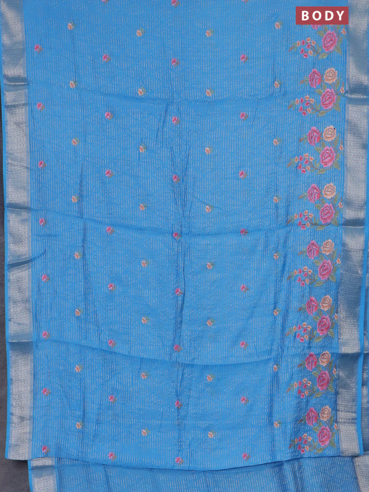 Assam silk saree light blue with allover zari weaves & floral embroidery work buttas and zari woven border - Image 2