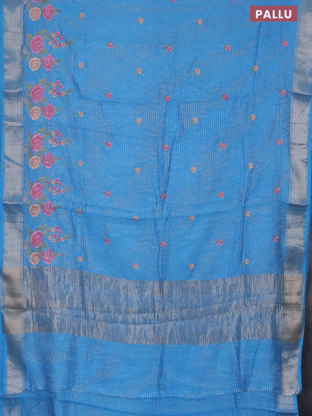 Assam silk saree light blue with allover zari weaves & floral embroidery work buttas and zari woven border - Image 3