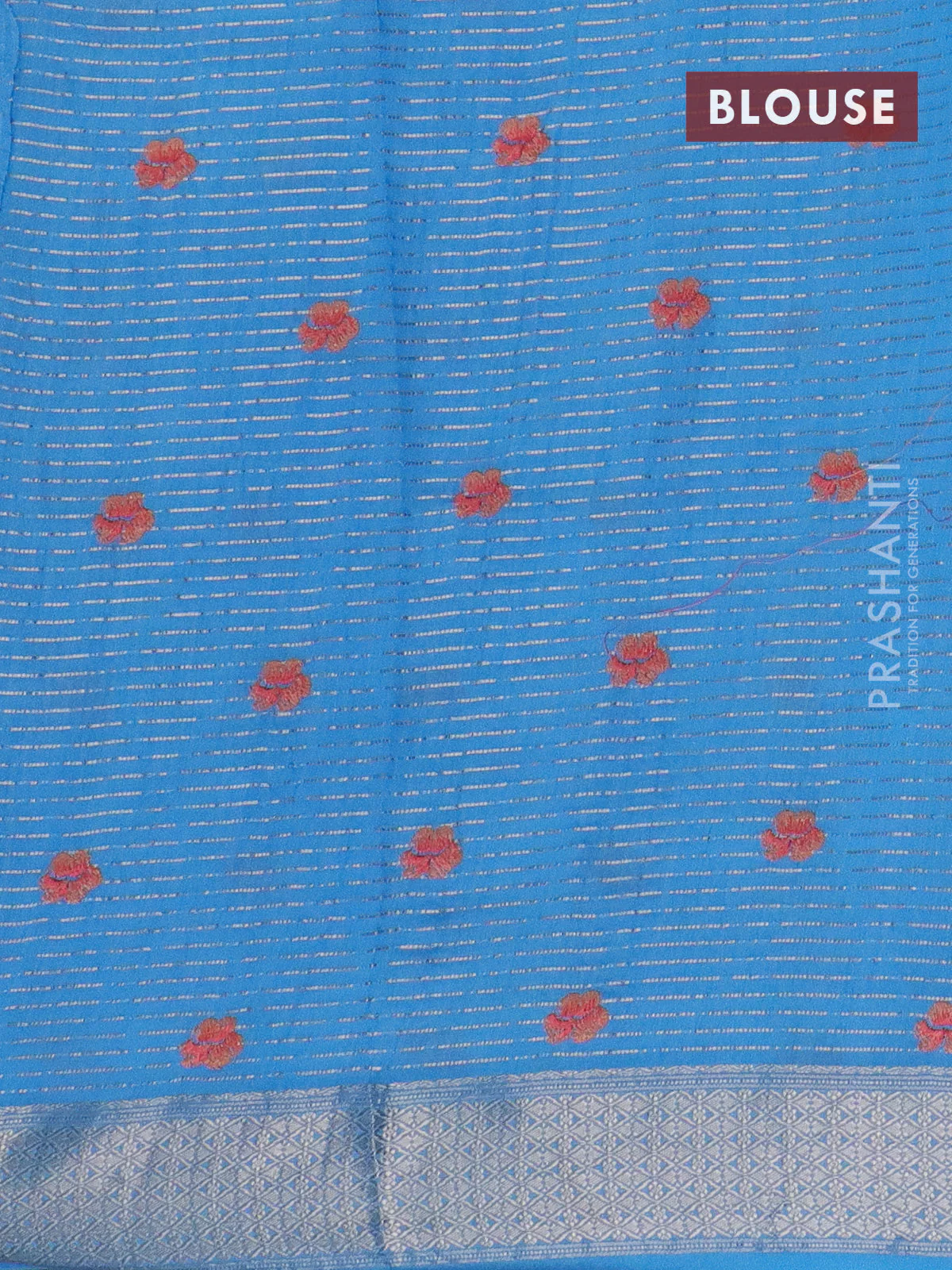 Assam silk saree light blue with allover zari weaves & floral embroidery work buttas and zari woven border - Image 4