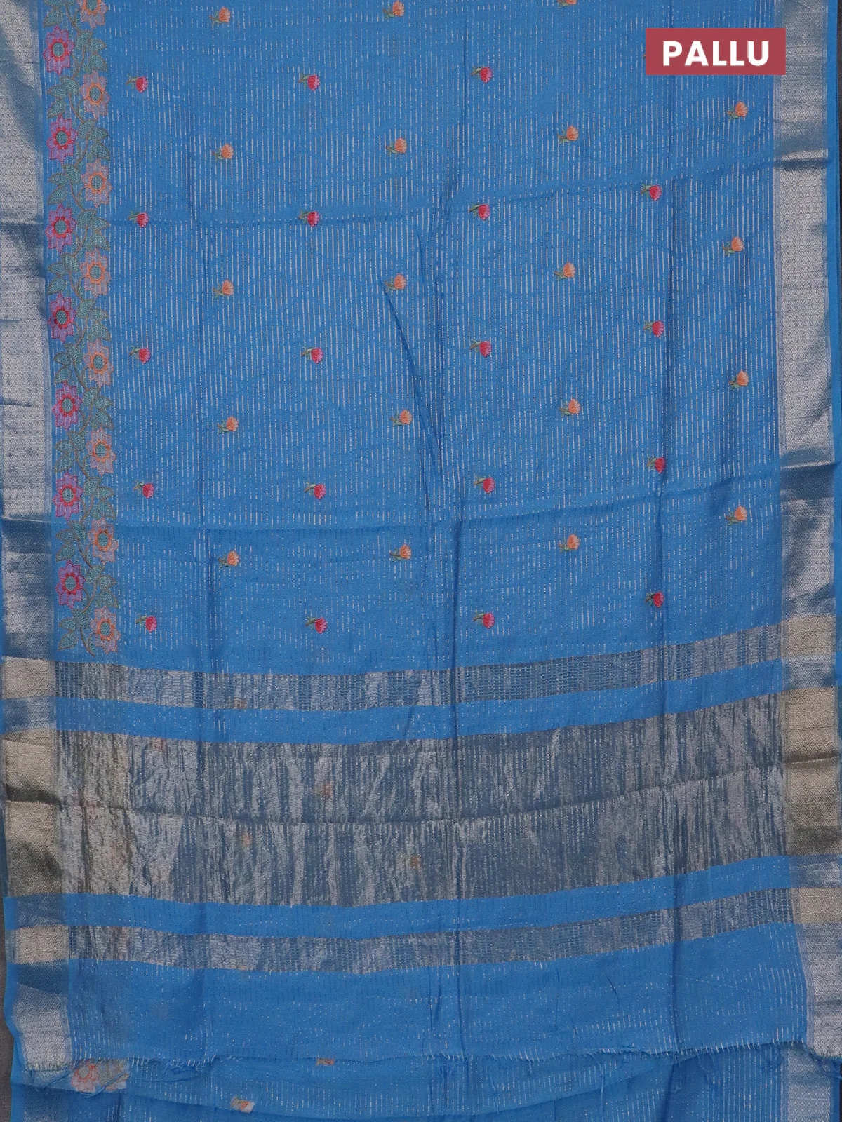 Assam silk saree light blue with allover zari weaves & floral embroidery work buttas and zari woven border - Image 3