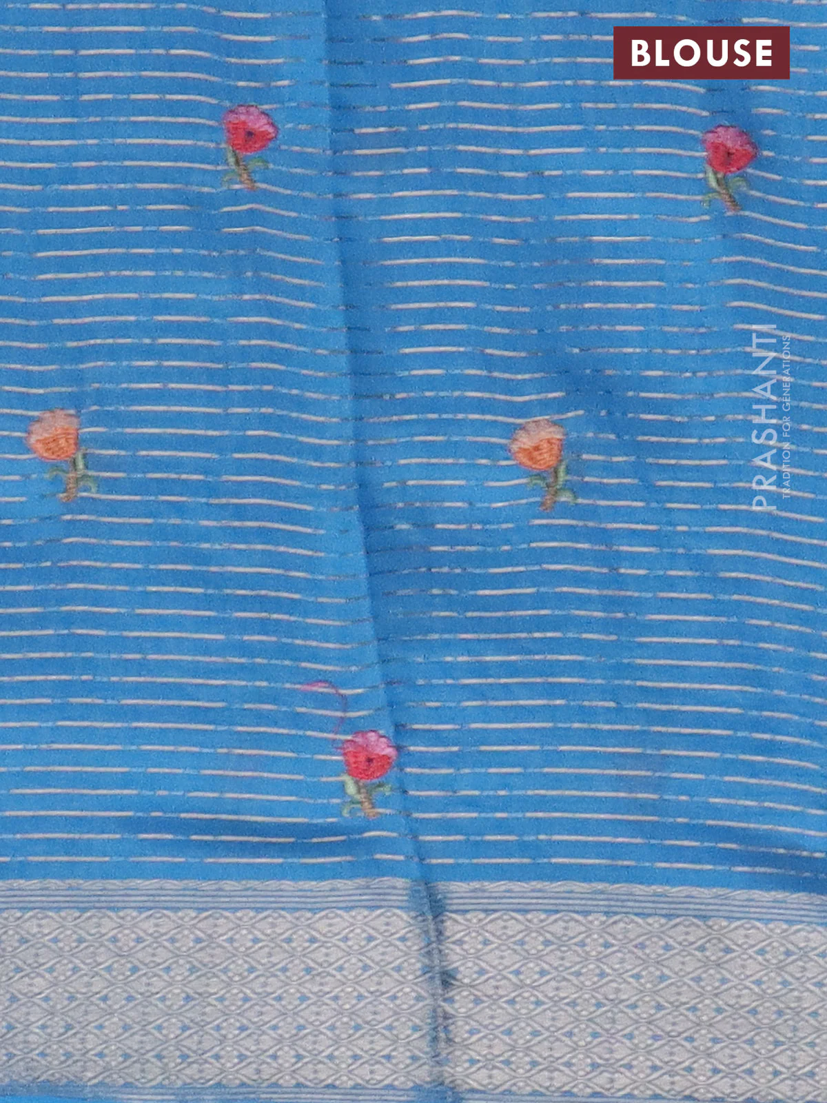 Assam silk saree light blue with allover zari weaves & floral embroidery work buttas and zari woven border - Image 4