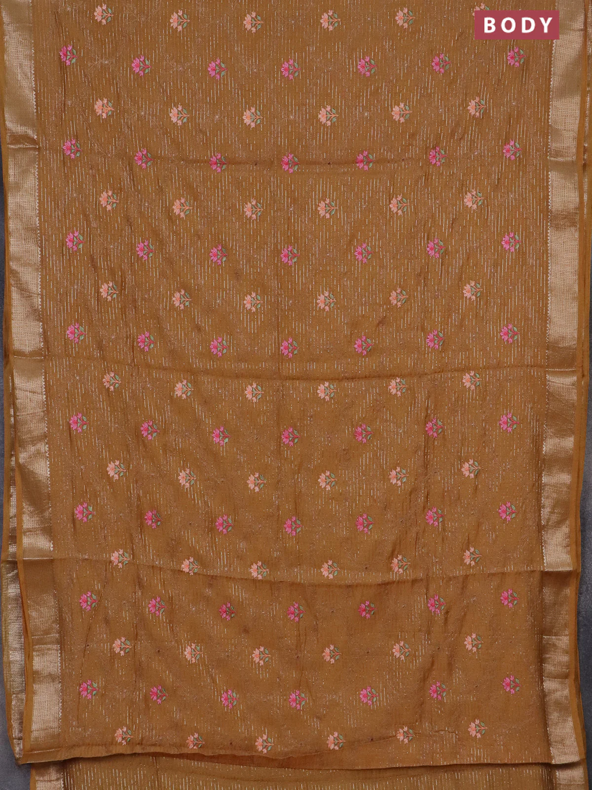 Assam silk saree mustard shade with allover zari weaves & embroidery work and zari woven border - Image 2