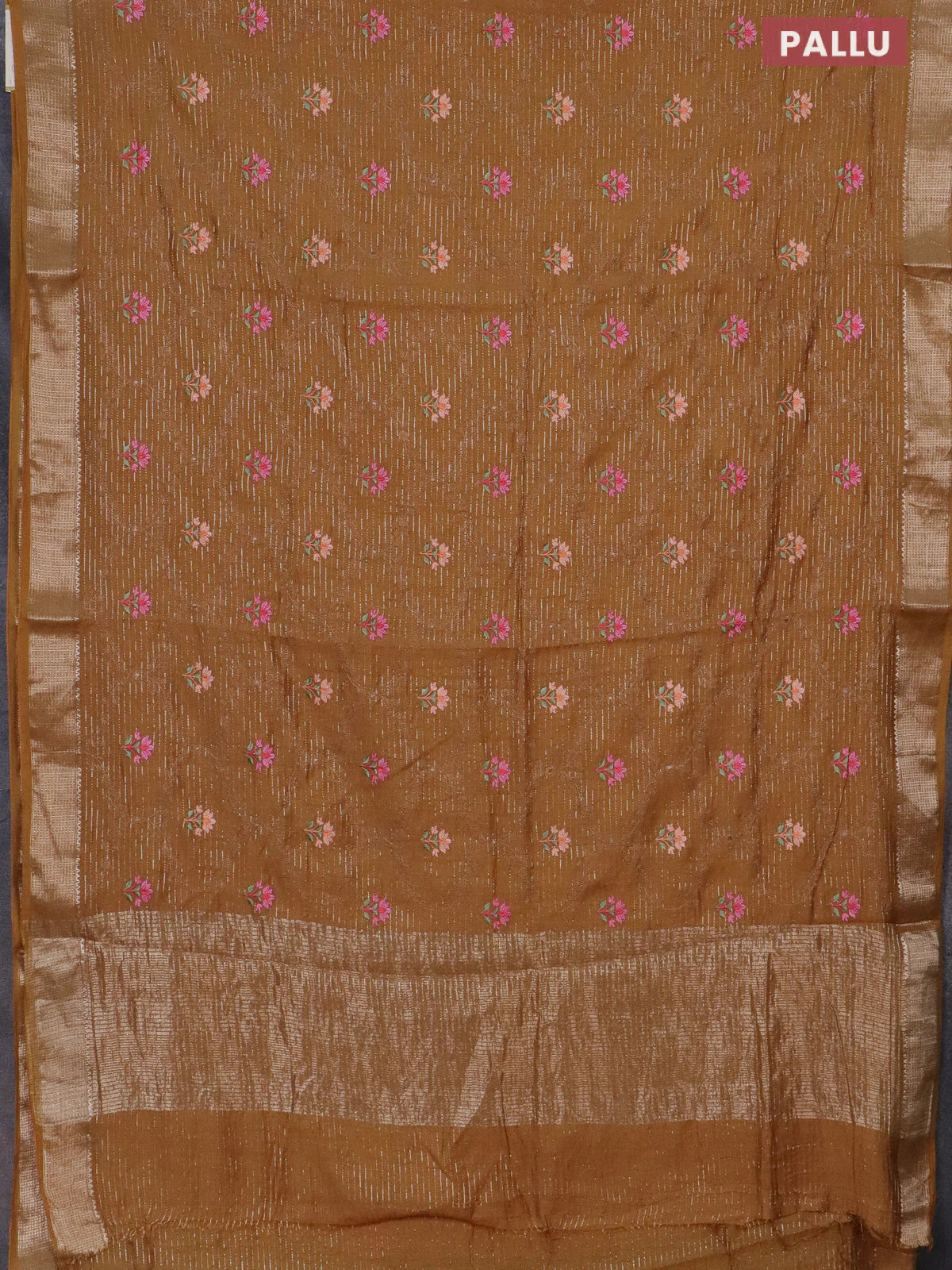 Assam silk saree mustard shade with allover zari weaves & embroidery work and zari woven border - Image 3