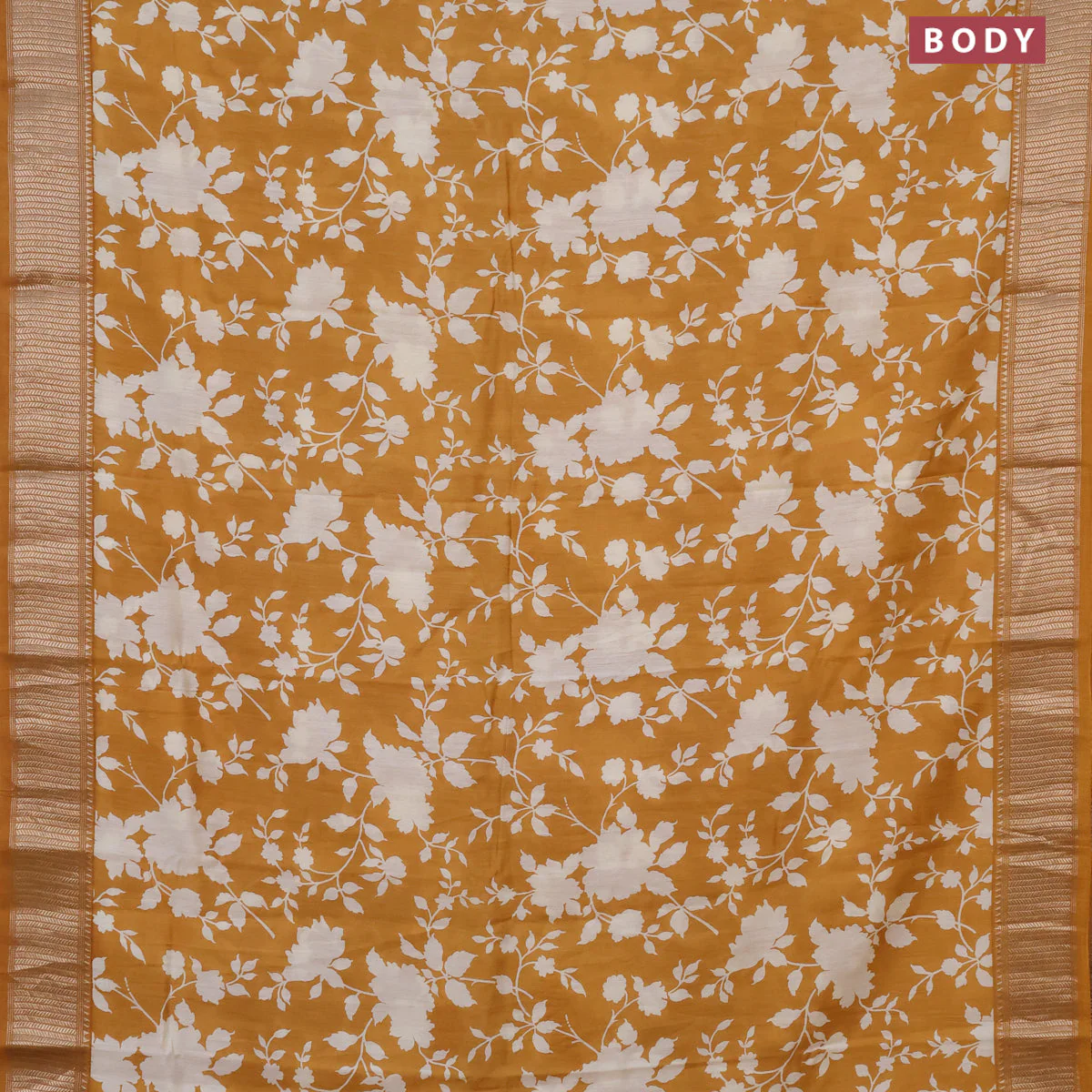 Assam silk saree mustard yellow with allover floral prints and zari woven border - Image 2